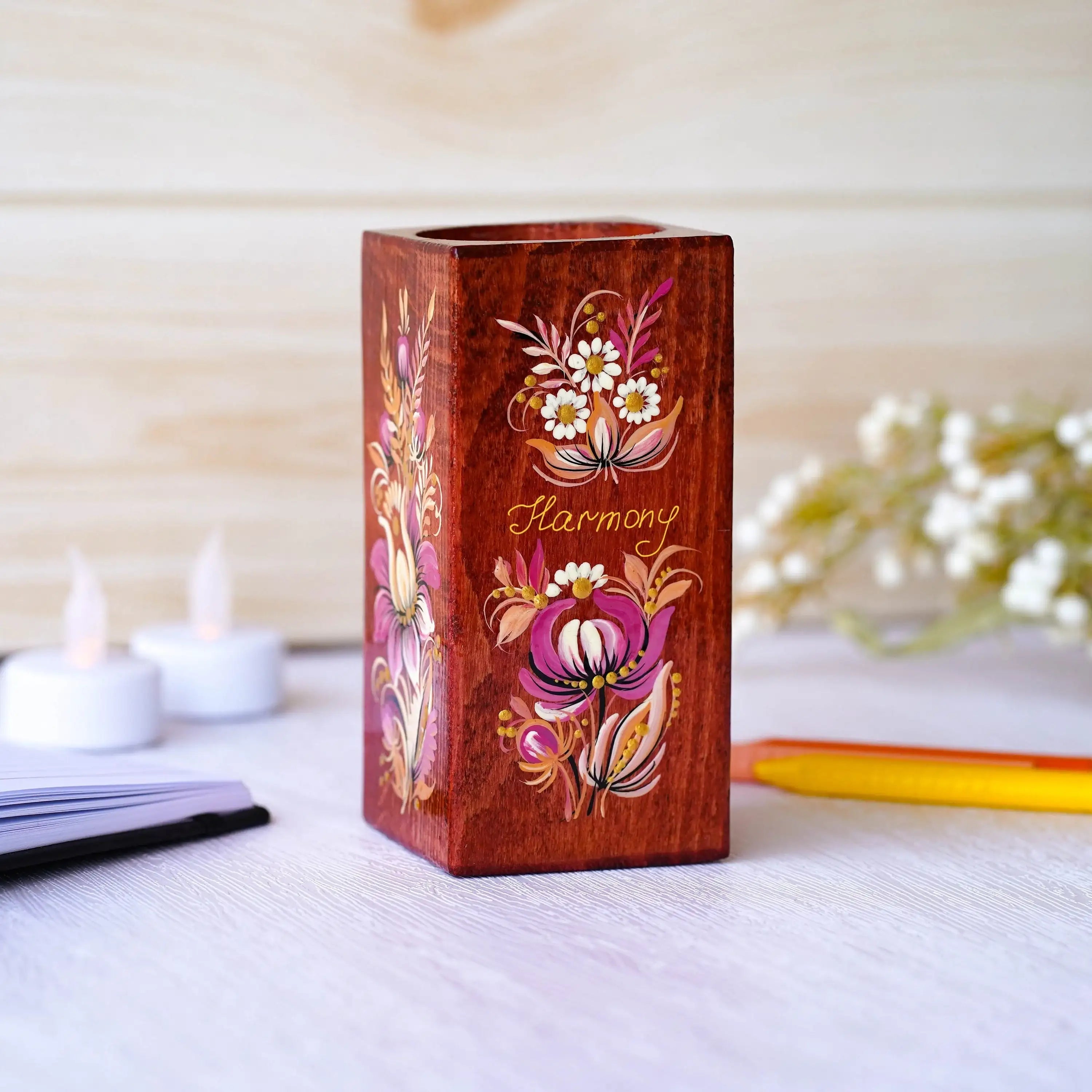 Personalized Wooden Pencil Holder - Handmade Pen Holder Pink Flower, Painted Ukrainian Petrykivka Art Desk Accessories, Wooden Pencil Cup