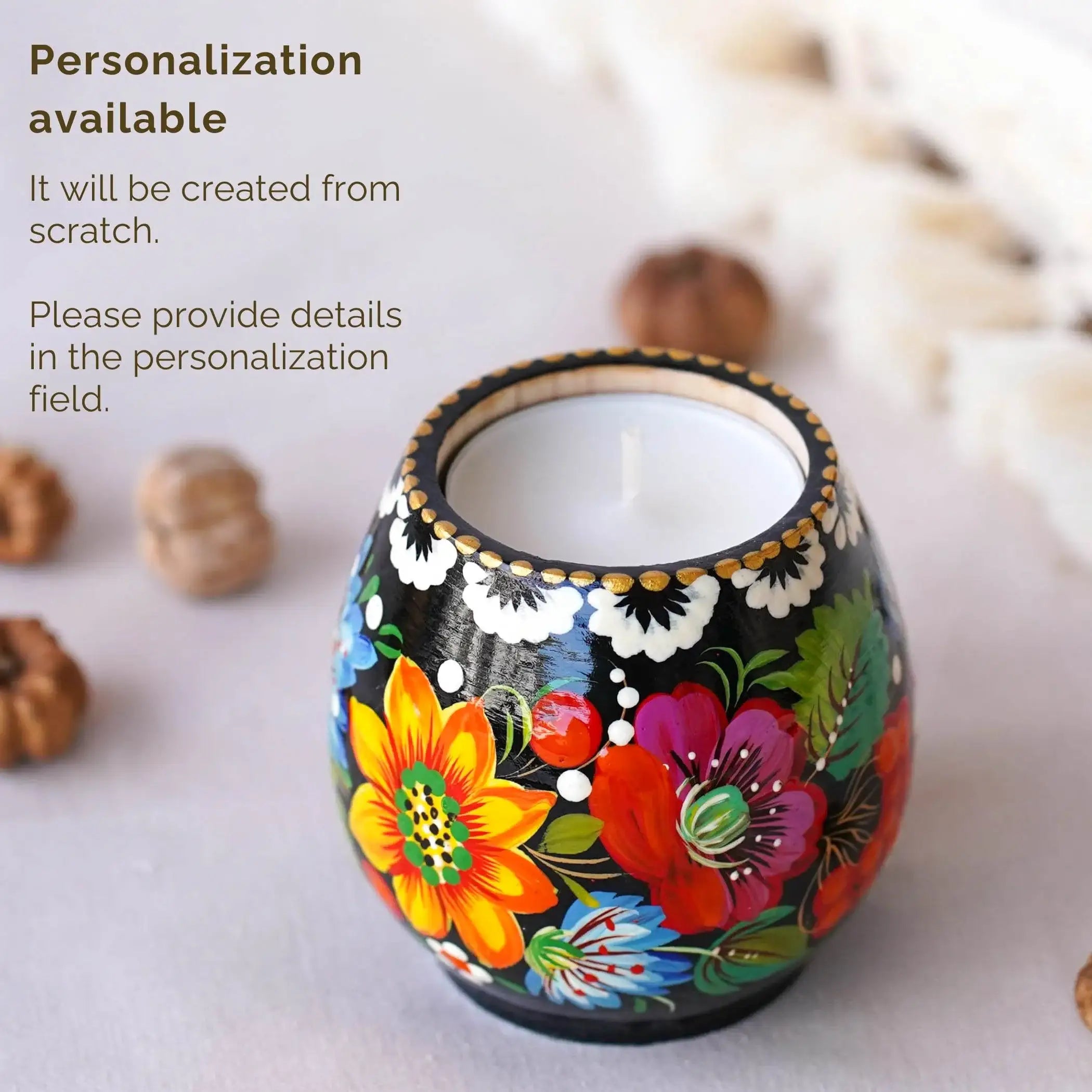 Painted Wooden Tea Light Candle Holder - Handmade Yellow Sunflower Candle Holder with Candle, Petrykivka Art