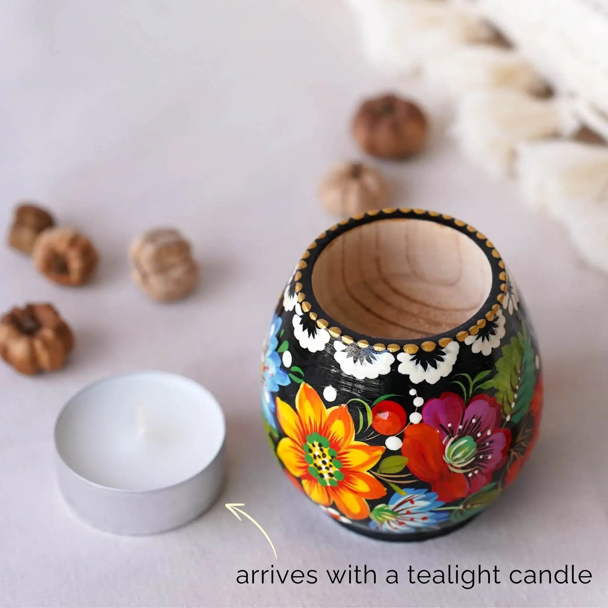 Painted Wooden Tea Light Candle Holder - Handmade Yellow Sunflower Candle Holder with Candle, Petrykivka Art