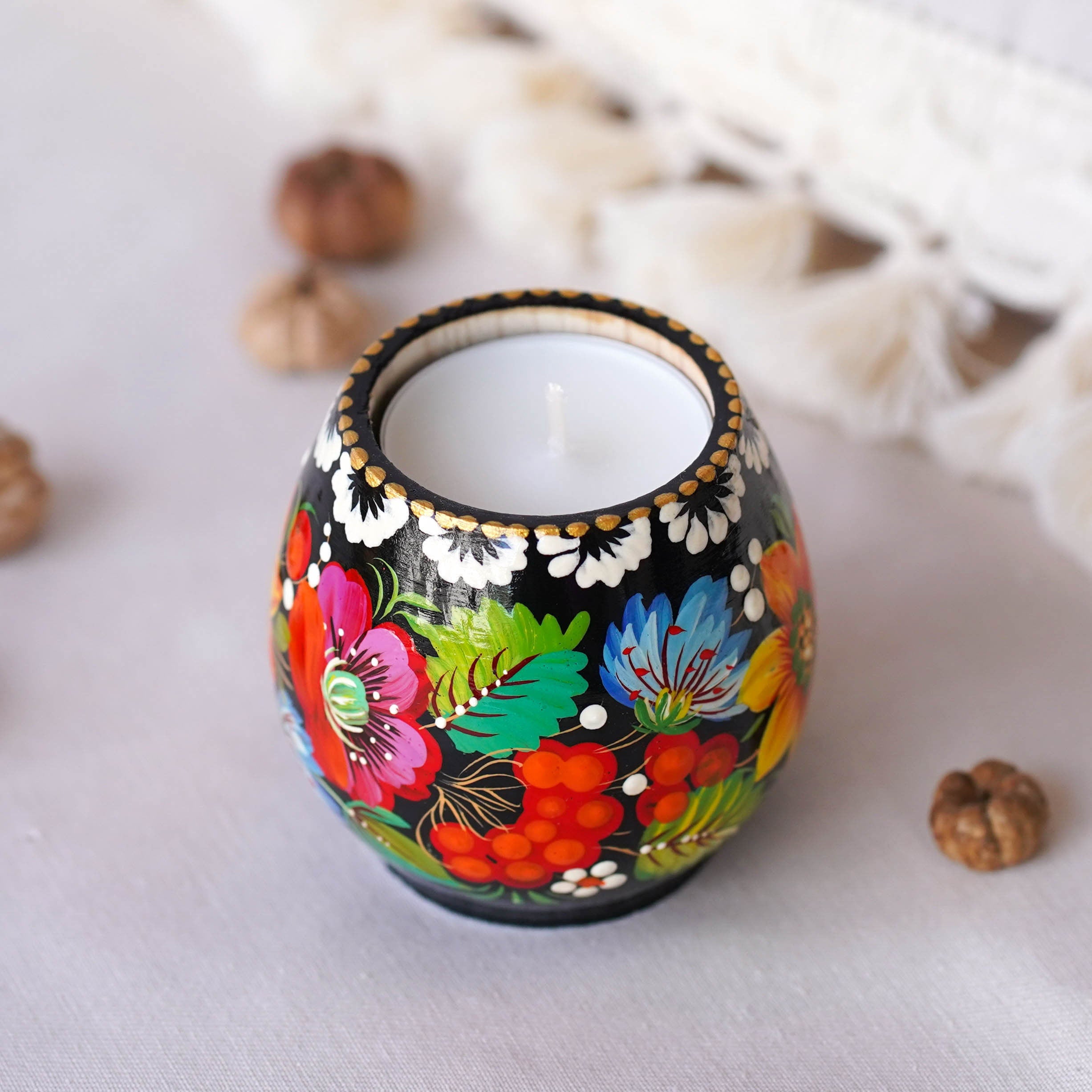 Painted Wooden Tea Light Candle Holder - Handmade Yellow Sunflower Candle Holder with Candle, Petrykivka Art
