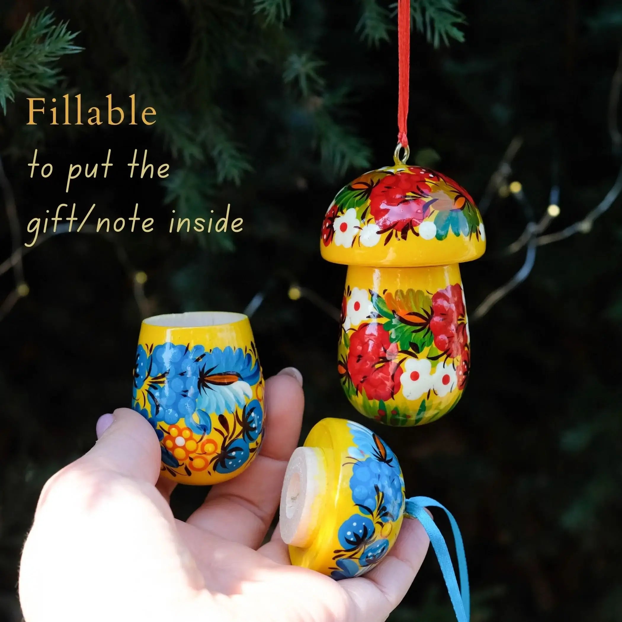 Painted Wooden Mushroom Christmas Ornament - Handmade Fillable Ornament with Ukrainian Folk Art Petrykivka, Flower Christmas Tree Decoration