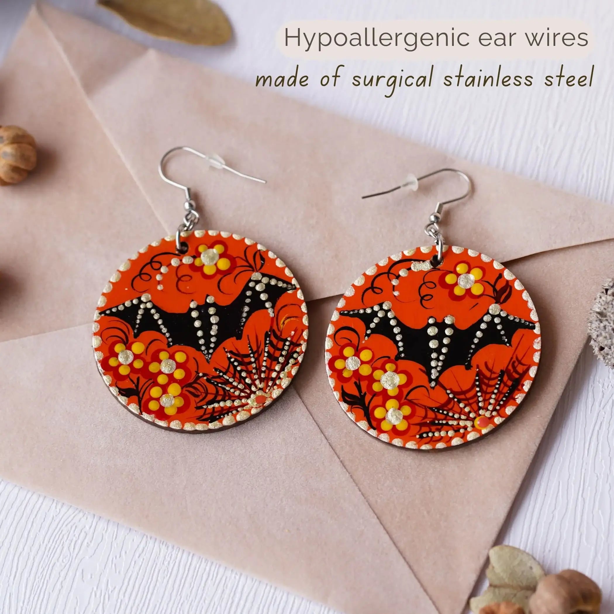 Painted Wooden Bat and Spider Earrings - Hypoallergenic Lightweight Orange Dangle Earrings, Halloween Statement Jewelry