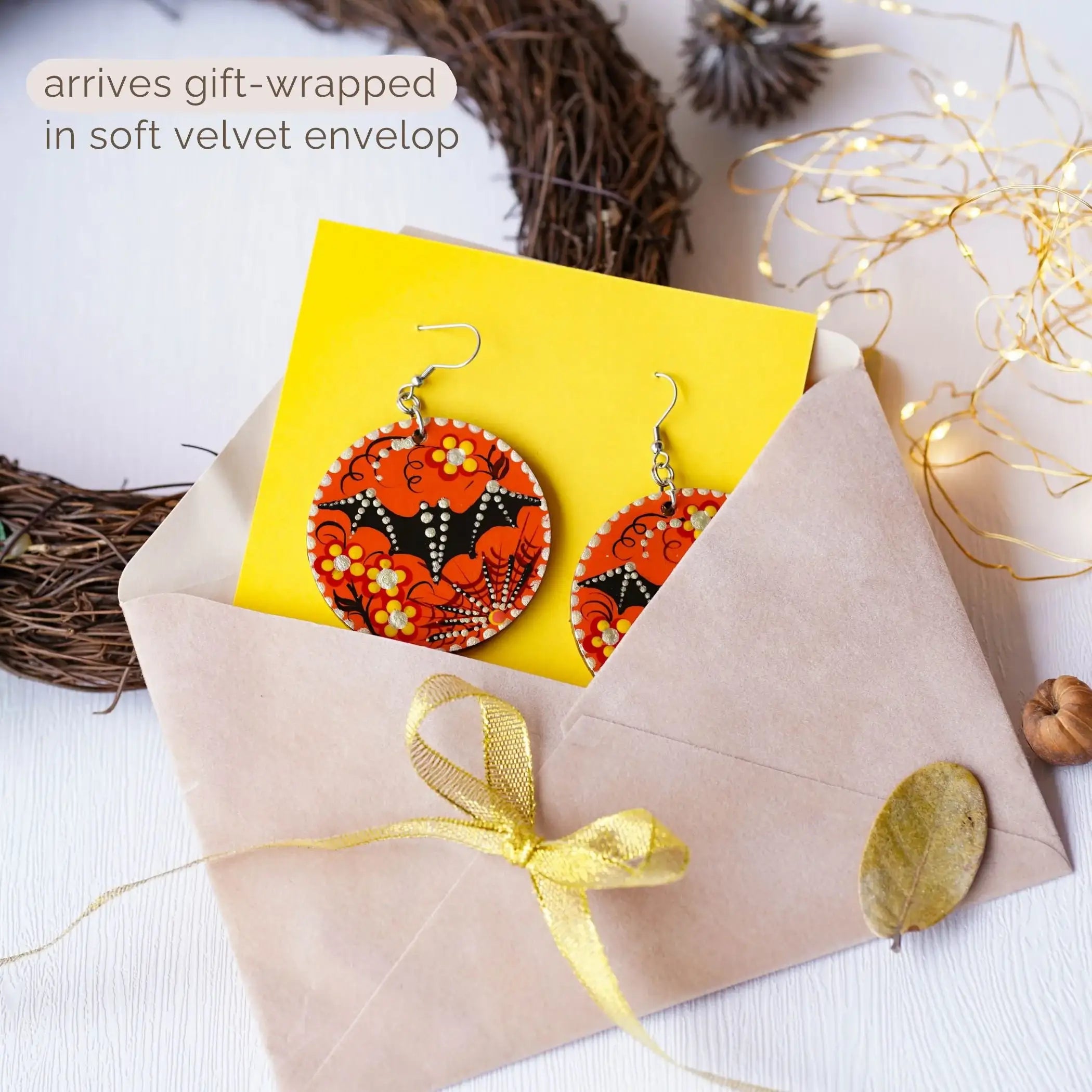 Painted Wooden Spider Earrings - Hypoallergenic Lightweight Orange Dangle Earrings, Halloween Bat Statement Jewelry
