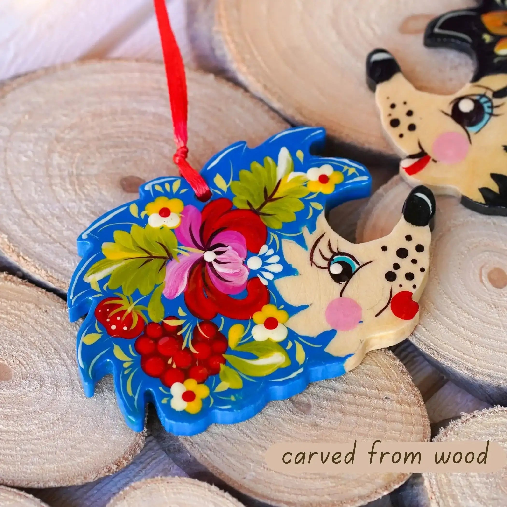 Painted Wooden Hedgehog Ornament - Handmade Ukrainian Petrykivka Art Christmas Tree Decoration with Blue & Red Flowers