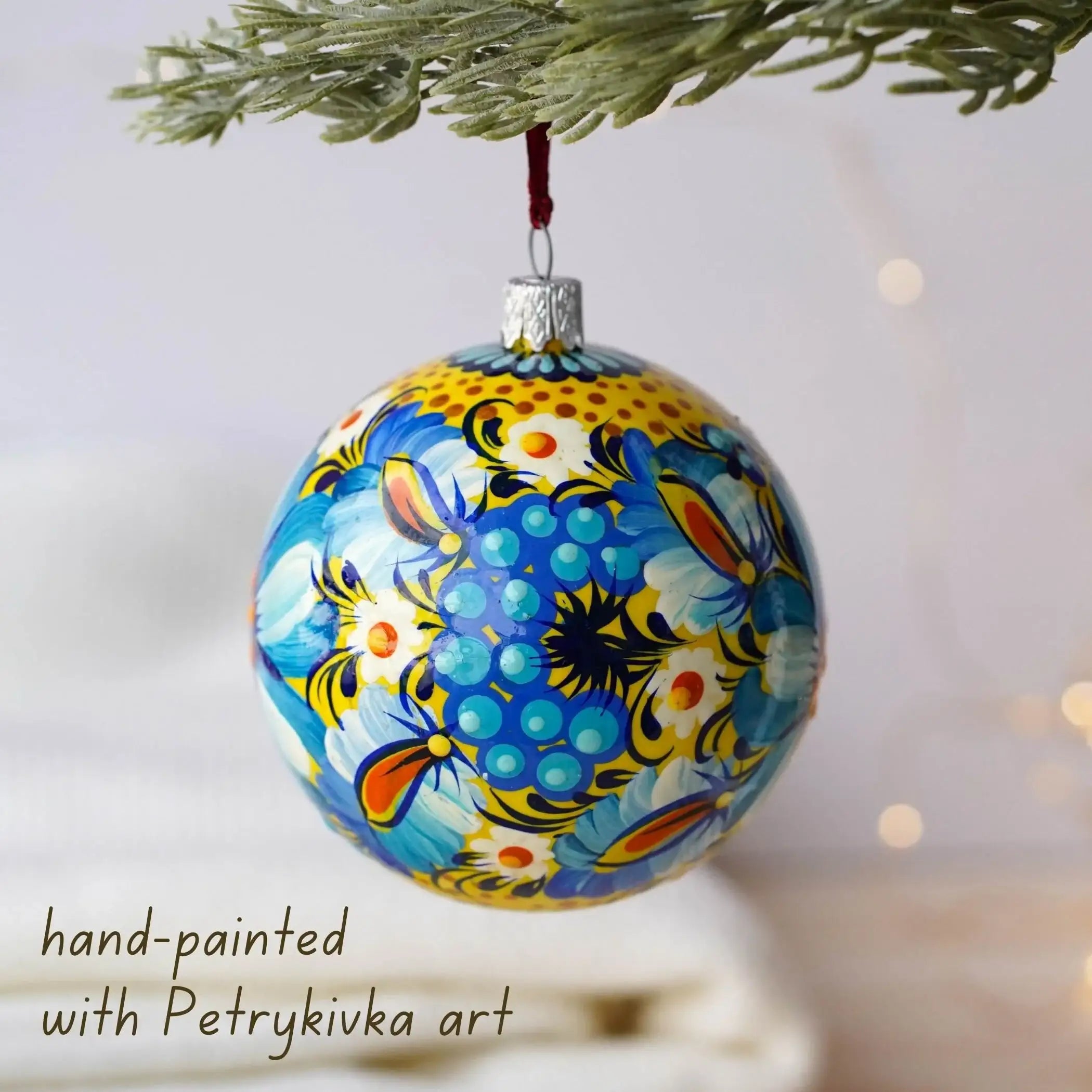 Hand-painted Ukrainian Blue Flower Christmas Ball Ornament 3.14 in - Handmade Petrykivka Art Ukrainian Christmas Tree Decoration