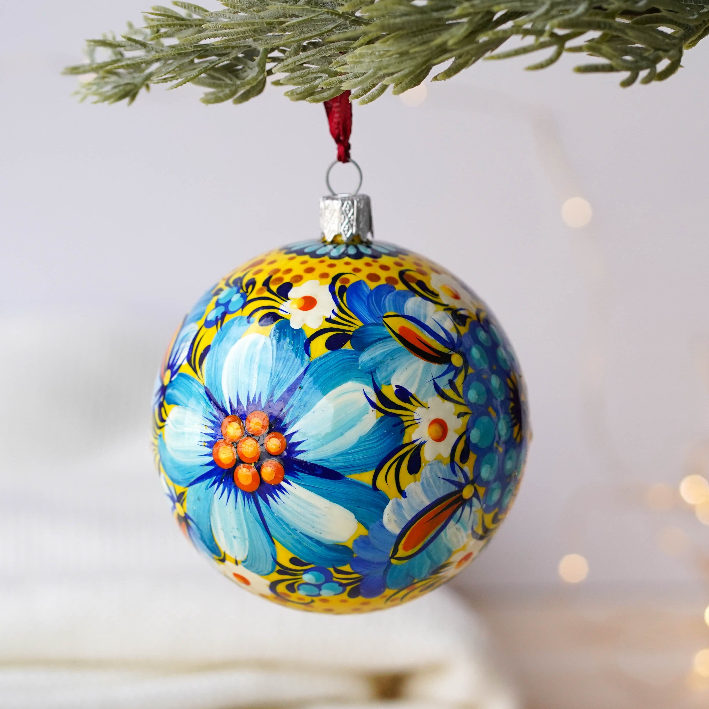 Hand-painted Ukrainian Blue Flower Christmas Ball Ornament 3.14 in - Handmade Petrykivka Art Ukrainian Christmas Tree Decoration