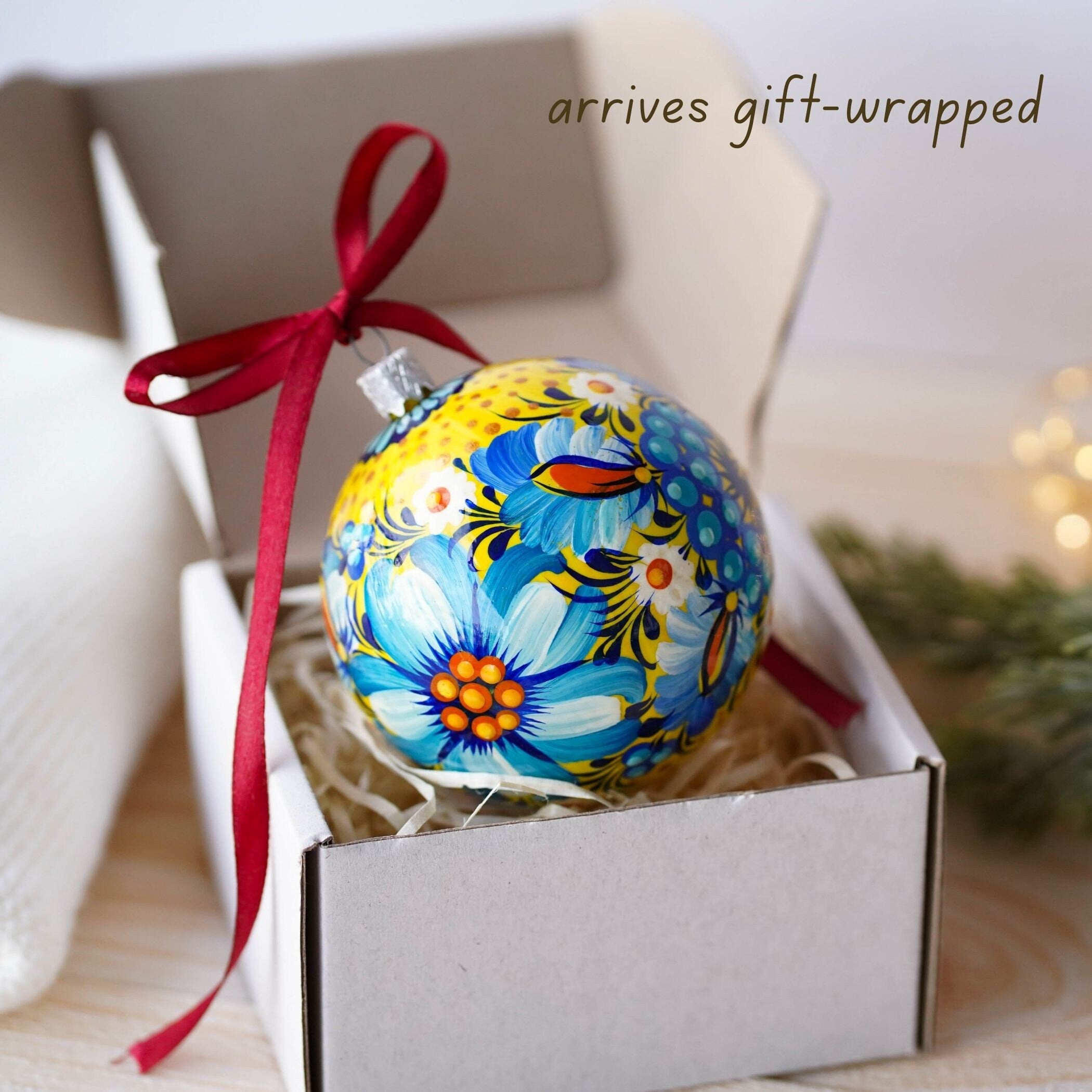 Hand-painted Ukrainian Blue Flower Christmas Ball Ornament 3.14 in - Handmade Petrykivka Art Ukrainian Christmas Tree Decoration