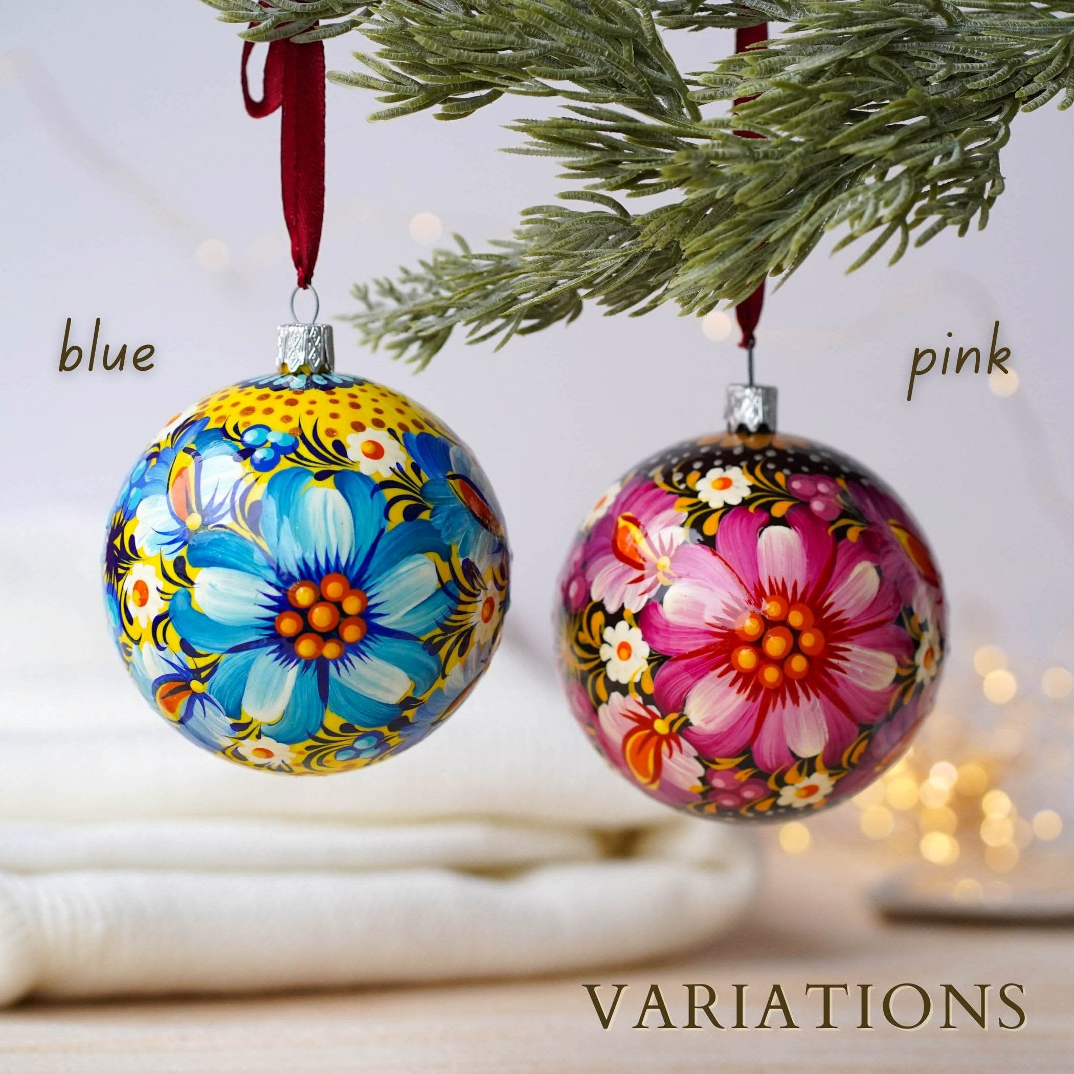 Hand-painted Ukrainian Blue Flower Christmas Ball Ornament 3.14 in - Handmade Petrykivka Art Ukrainian Christmas Tree Decoration