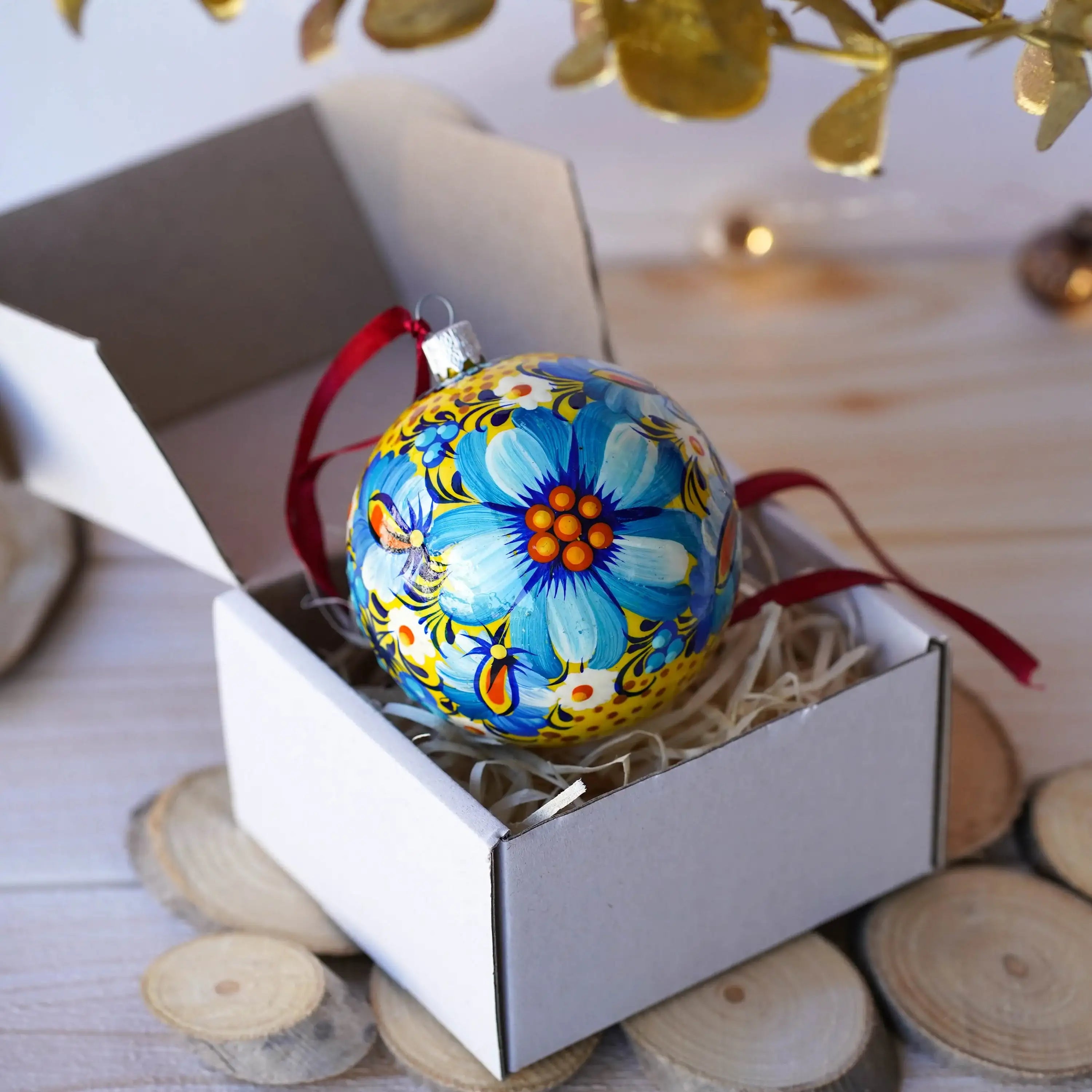 Hand-painted Ukrainian Blue Flower Christmas Ball Ornament 3.14 in - Handmade Petrykivka Art Ukrainian Christmas Tree Decoration