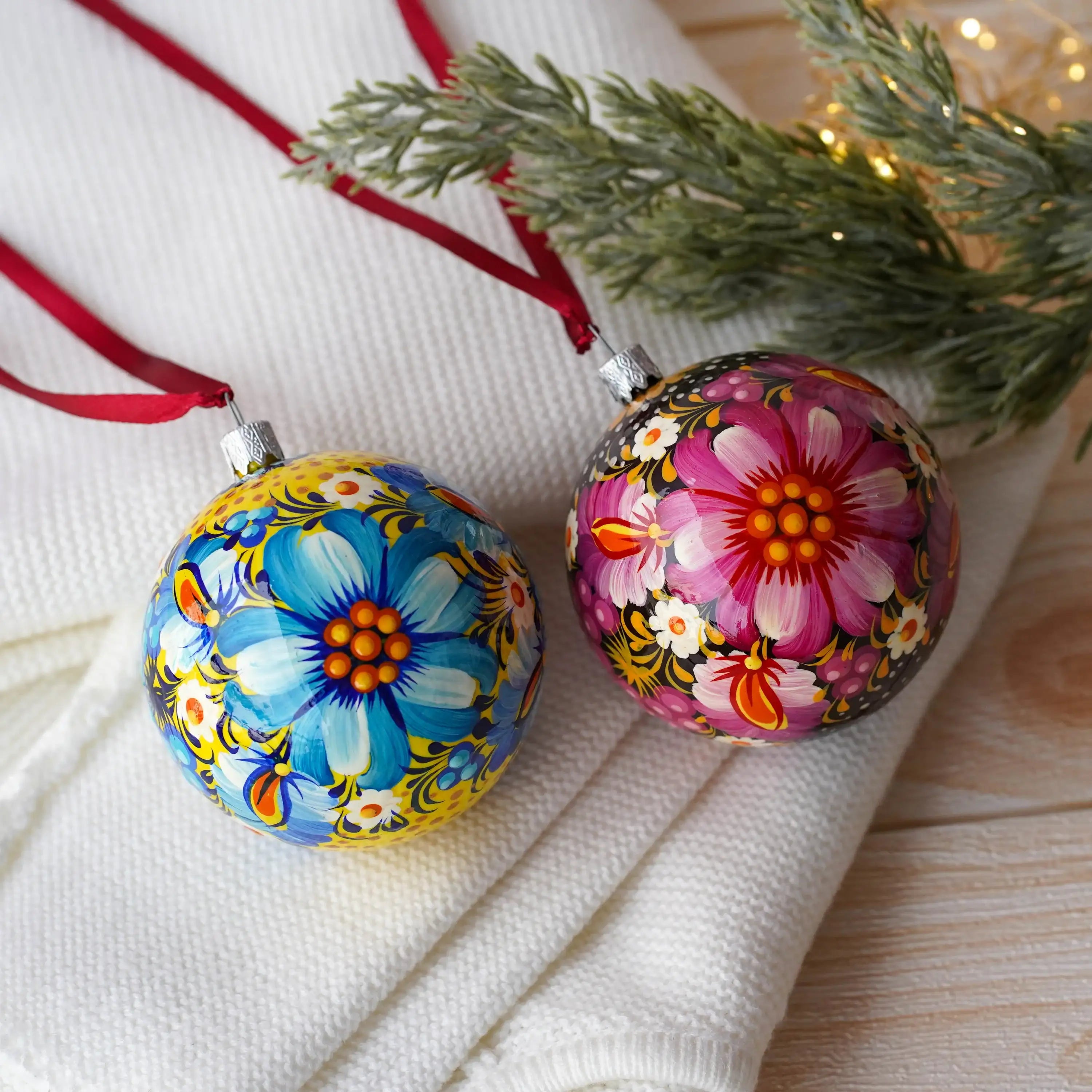 Hand-painted Ukrainian Blue Flower Christmas Ball Ornament 3.14 in - Handmade Petrykivka Art Ukrainian Christmas Tree Decoration
