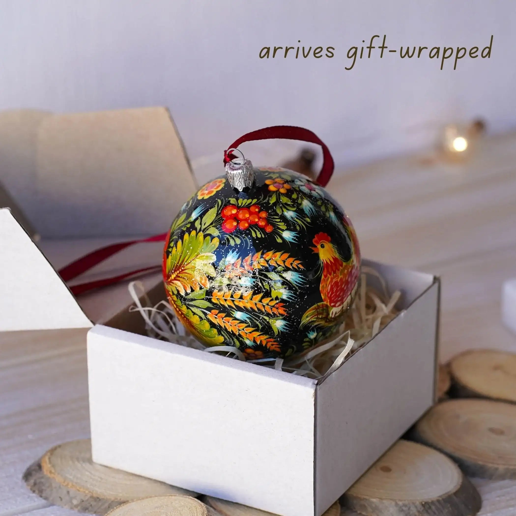 Hand-painted Chicken Ornament - Handmade Ukrainian Christmas Tree Ball Ornament, Farm Animal Petrykivka Art Christmas Baubles