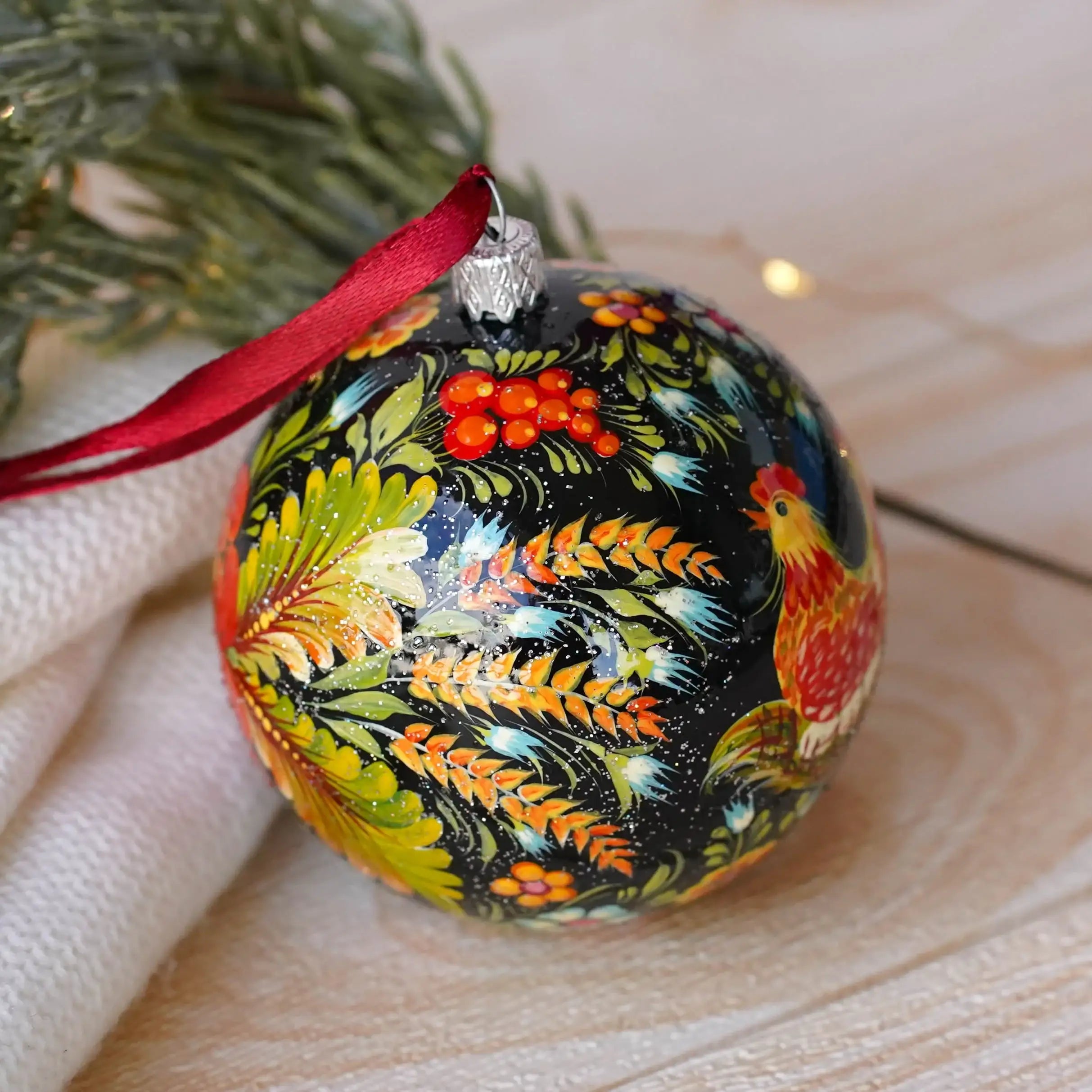 Hand-painted Chicken Ornament - Handmade Ukrainian Christmas Tree Ball Ornament, Farm Animal Petrykivka Art Christmas Baubles
