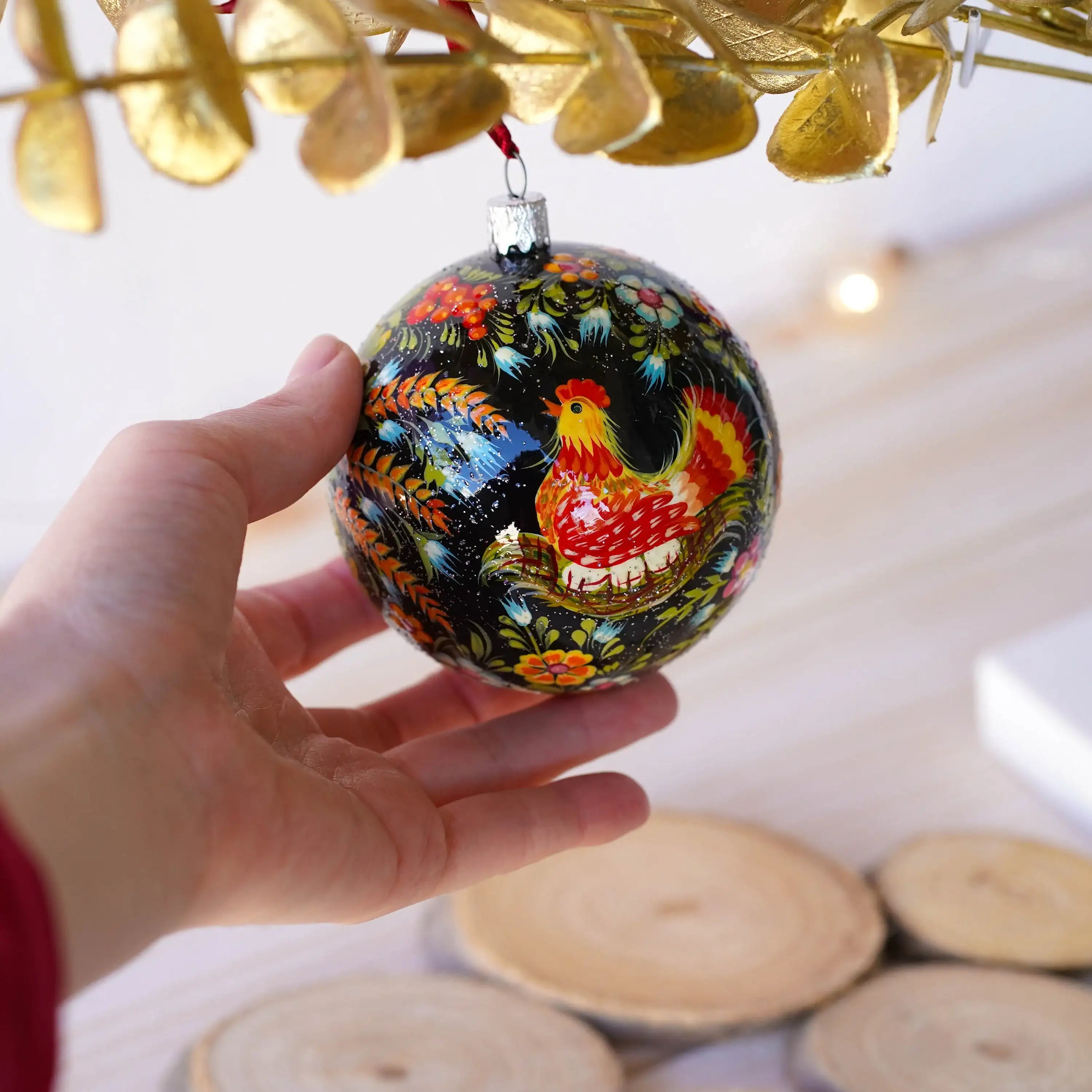 Hand-painted Chicken Ornament - Handmade Ukrainian Christmas Tree Ball Ornament, Farm Animal Petrykivka Art Christmas Baubles