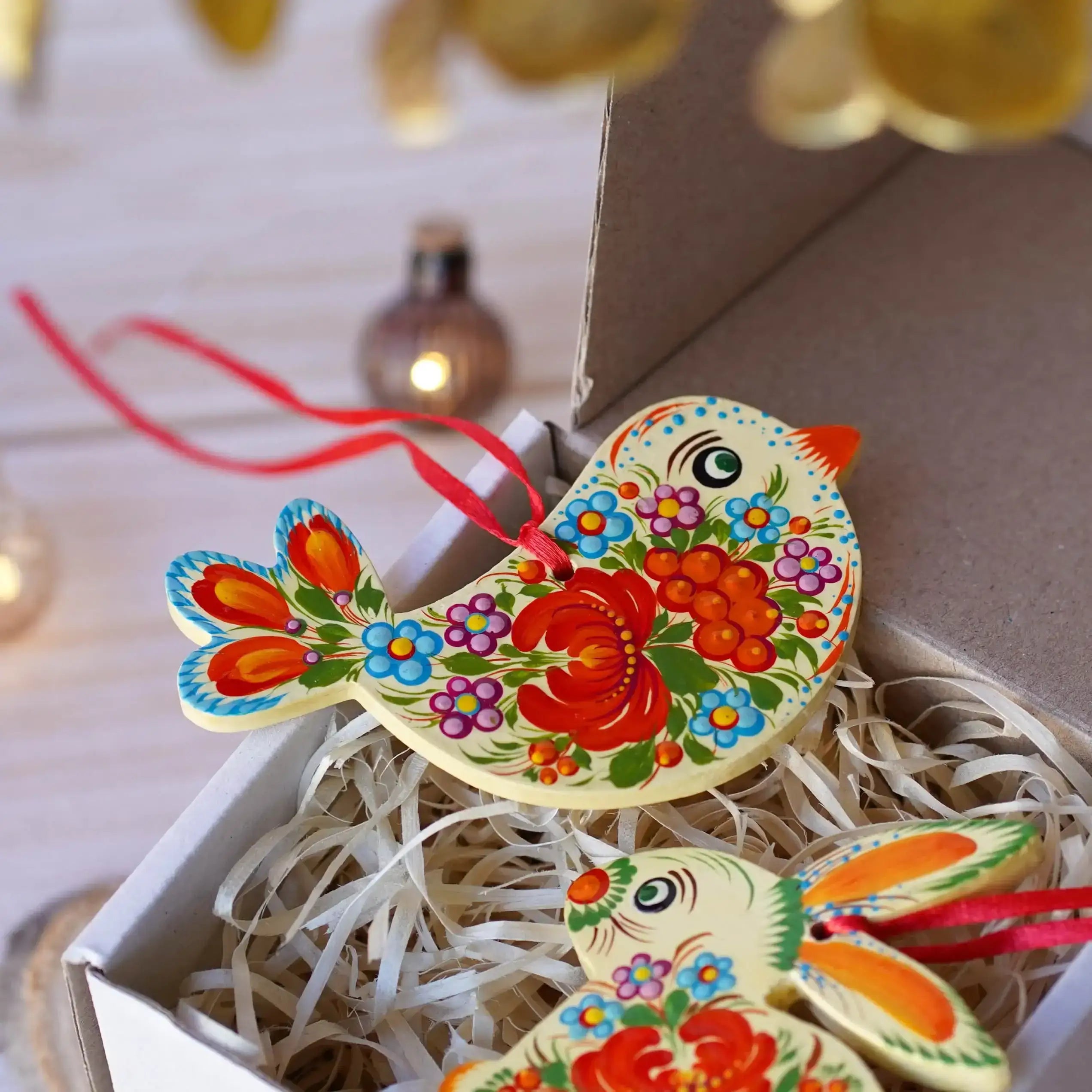 Set of Hand-painted Wooden Bunny & Bird Ornaments - Handmade Red Flower Ukrainian Petrykivka Art Christmas Tree Decorations, Unique