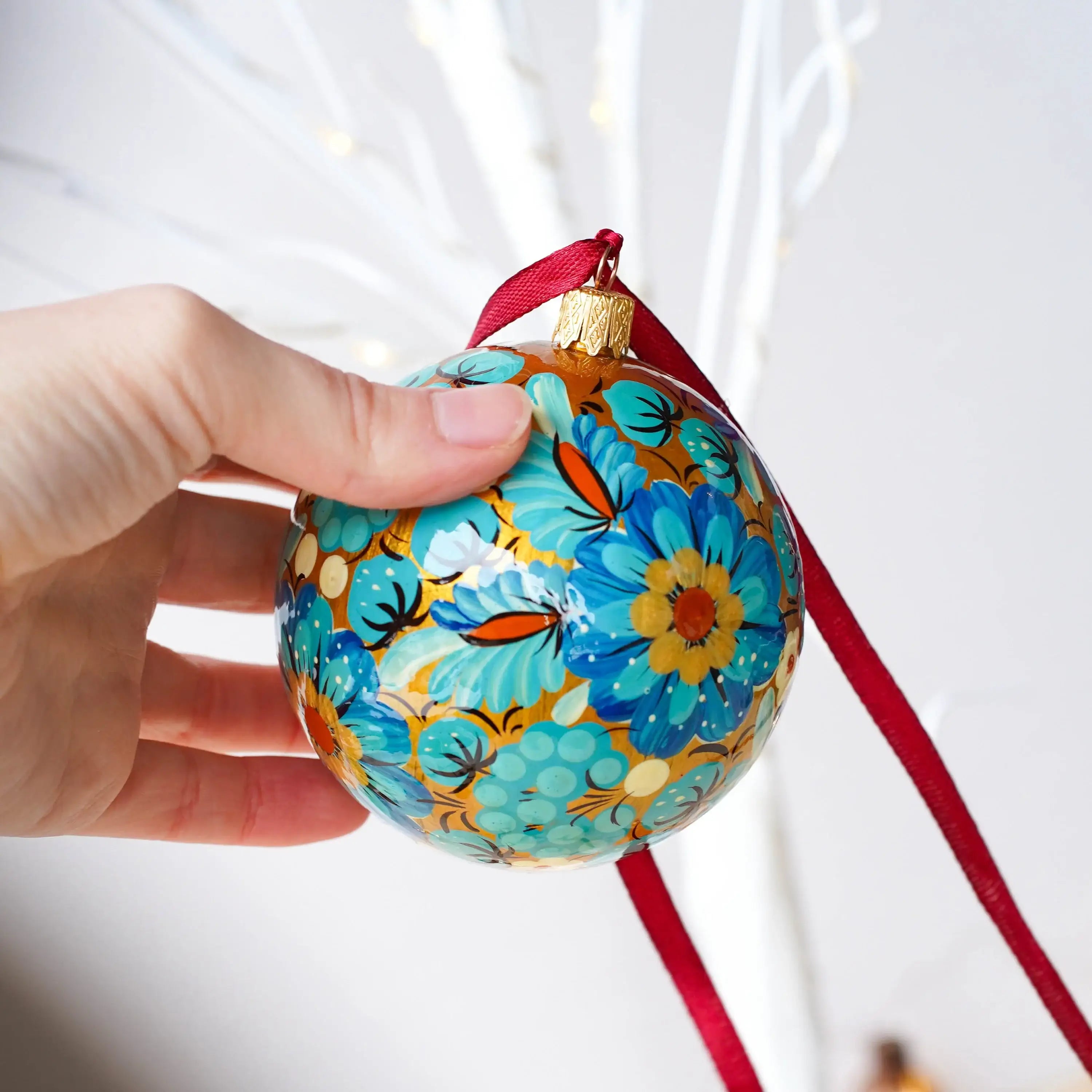 Hand-painted Ukrainian Christmas Ball Ornament 3.14 in - Handmade Petrykivka Art Blue Flower Christmas Tree Decoration