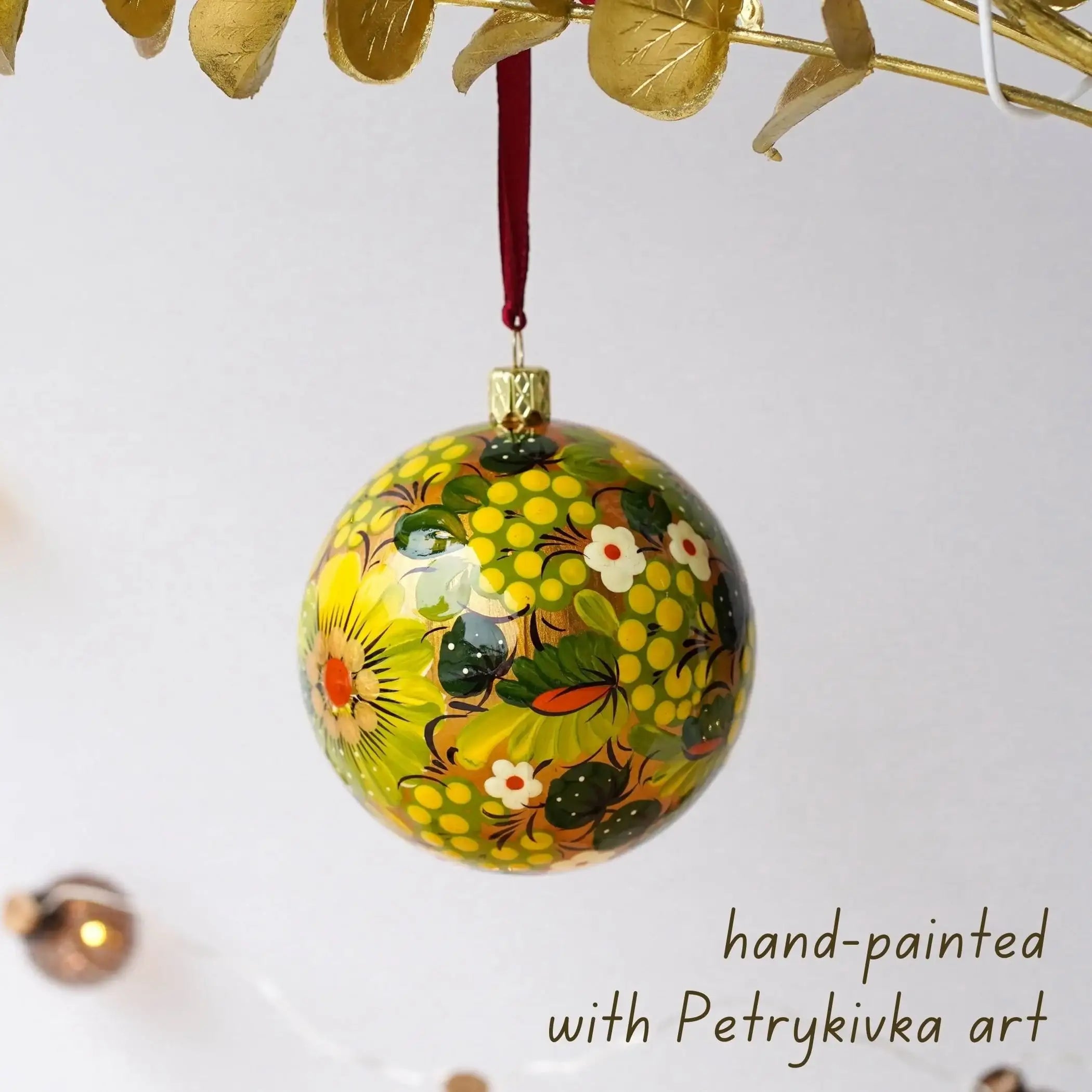 Hand-painted Ukrainian Christmas Ball Ornament 3.14 in - Handmade Petrykivka Art Green & Golden Flower Christmas Tree Decoration