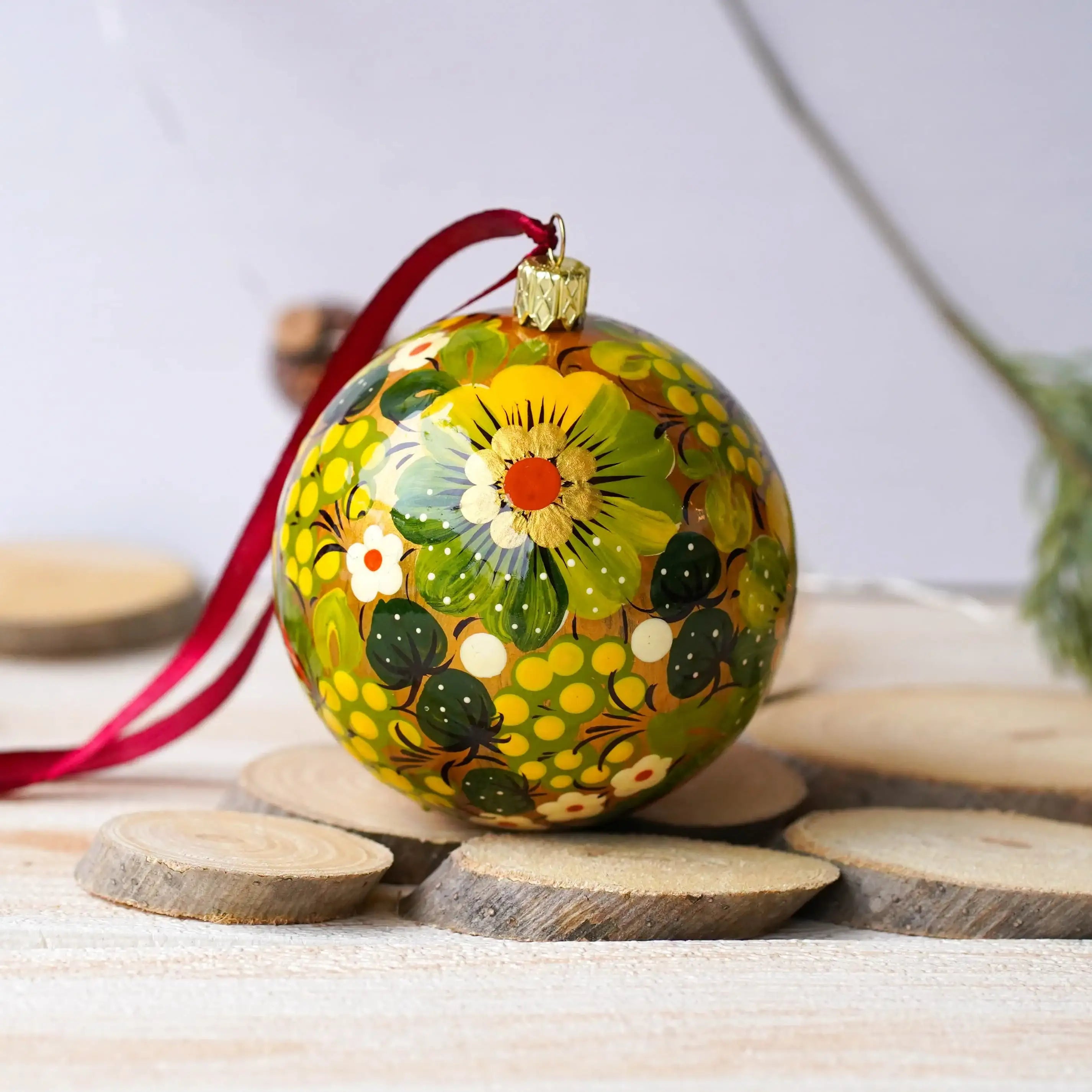 Hand-painted Ukrainian Christmas Ball Ornament 3.14 in - Handmade Petrykivka Art Green & Golden Flower Christmas Tree Decoration