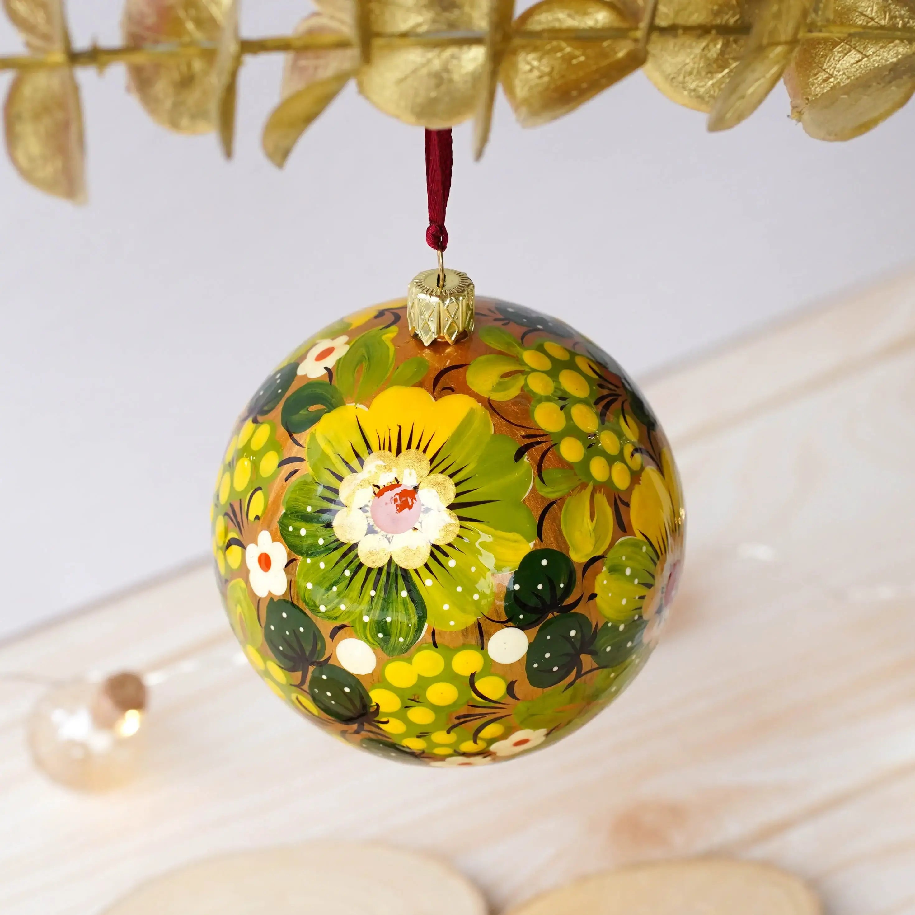Hand-painted Ukrainian Christmas Ball Ornament 3.14 in - Handmade Petrykivka Art Green & Golden Flower Christmas Tree Decoration