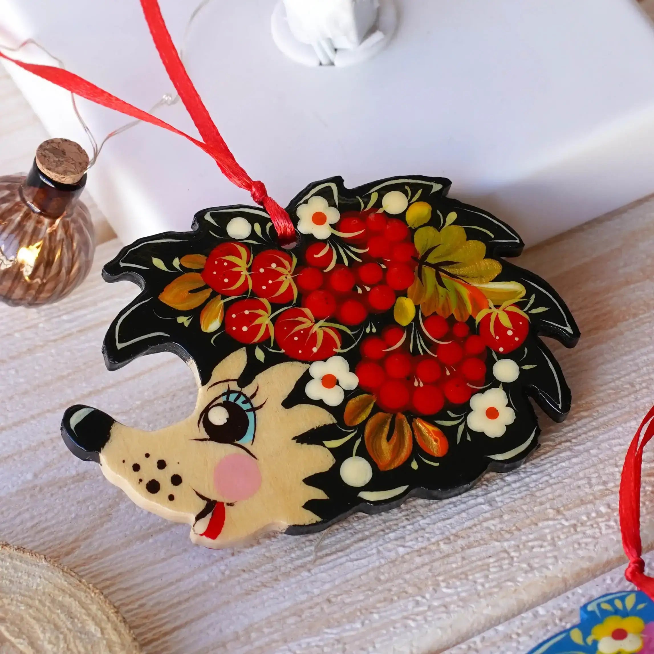 Painted Wooden Hedgehog Ornament - Handmade Ukrainian Petrykivka Art Christmas Tree Decoration