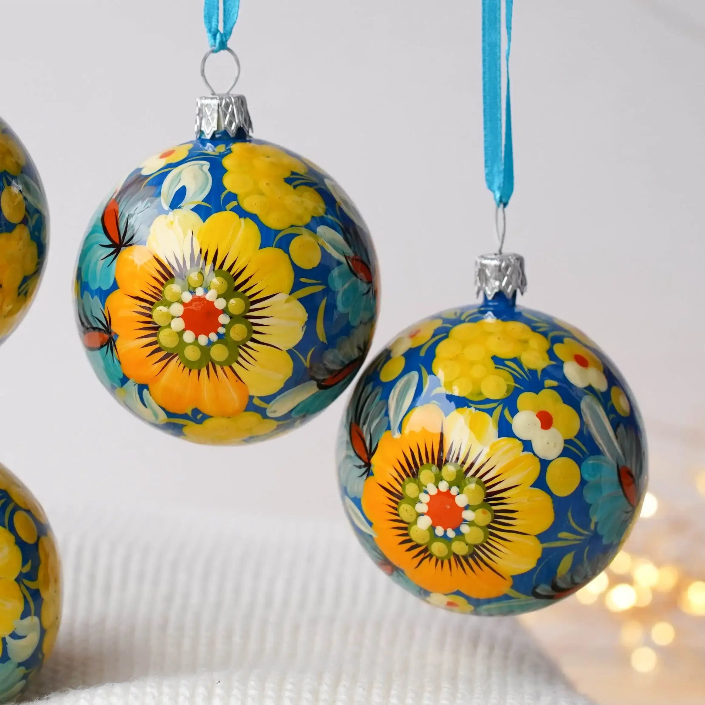 Set of 4/6/9 Painted Christmas Ornaments - Handmade Ukrainian Christmas Balls 2.4 in with Petrykivka art, Blue & Yellow Flower Baubles