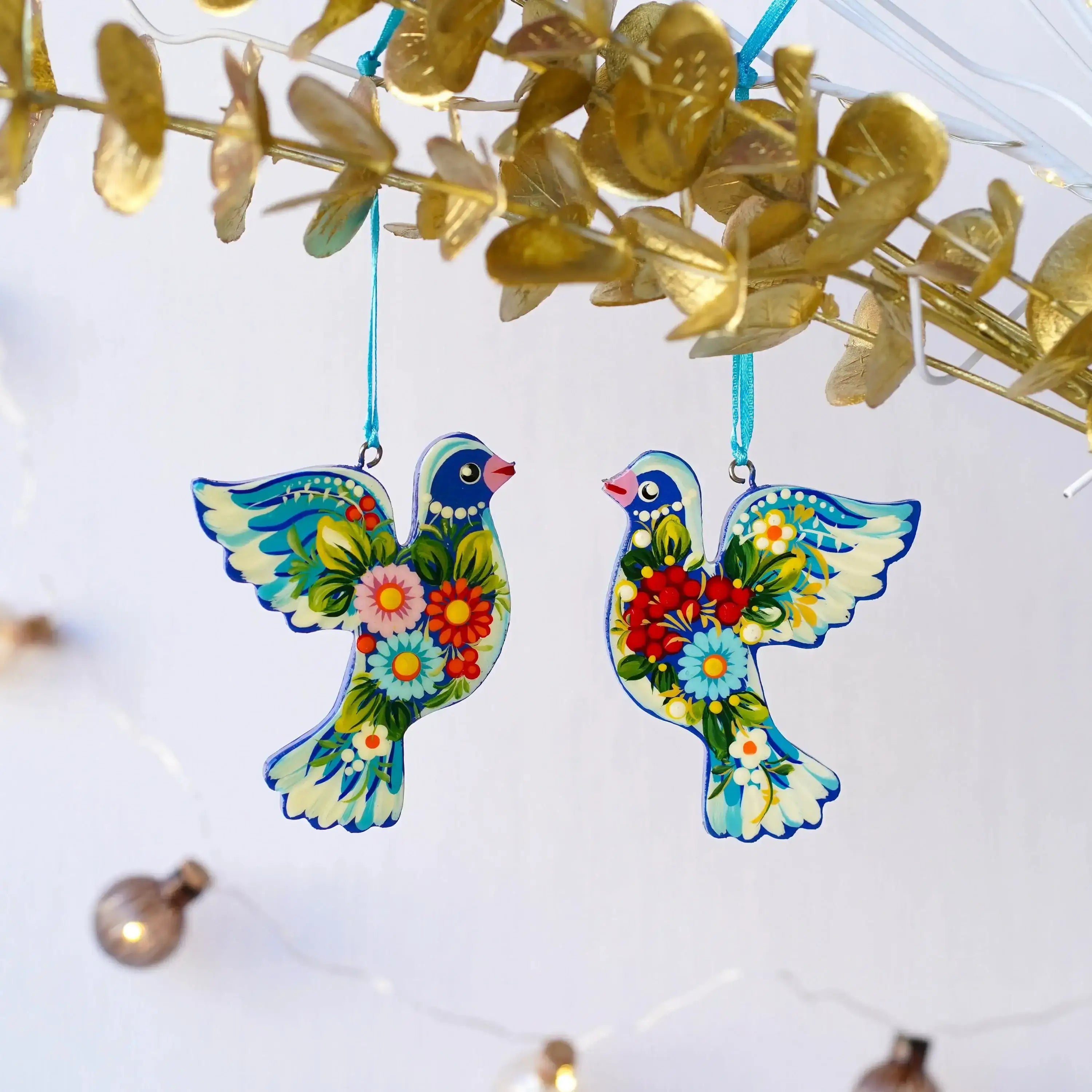 Set of 2 Painted Wooden Dove Christmas Ornaments - Handmade Ukrainian Petrykivka Ornaments, Unique Flower Peace Dove Ornament Set