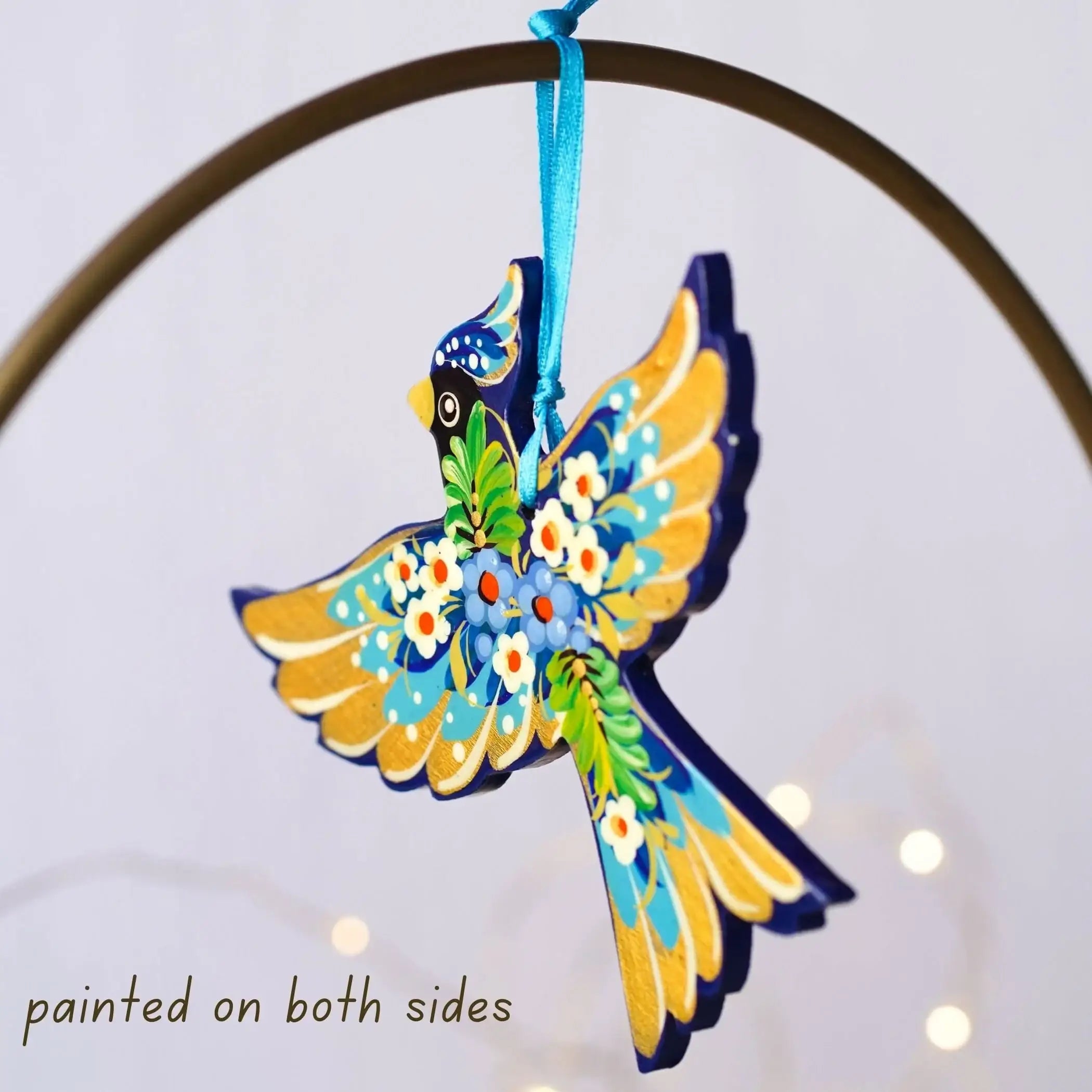 Cardinal Christmas Ornament - Hand-painted Wooden Blue Cardinal Christmas Tree Decoration, Handmade Ukrainian Petrykivka Blue Bird Ornament