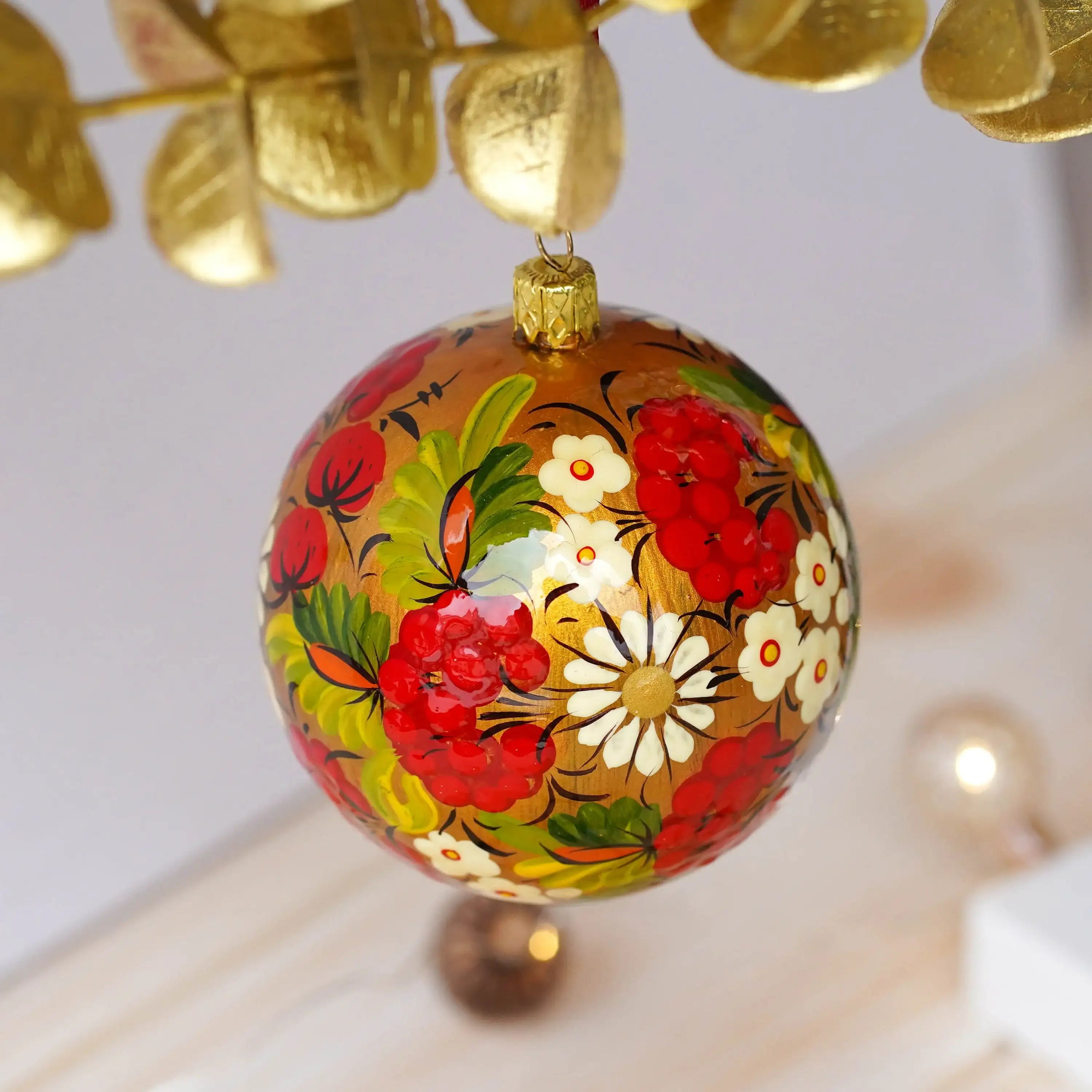Hand-painted Ukrainian Christmas Ball Ornament 3.14 in - Handmade Petrykivka Art Green & Red Flower Christmas Tree Decoration