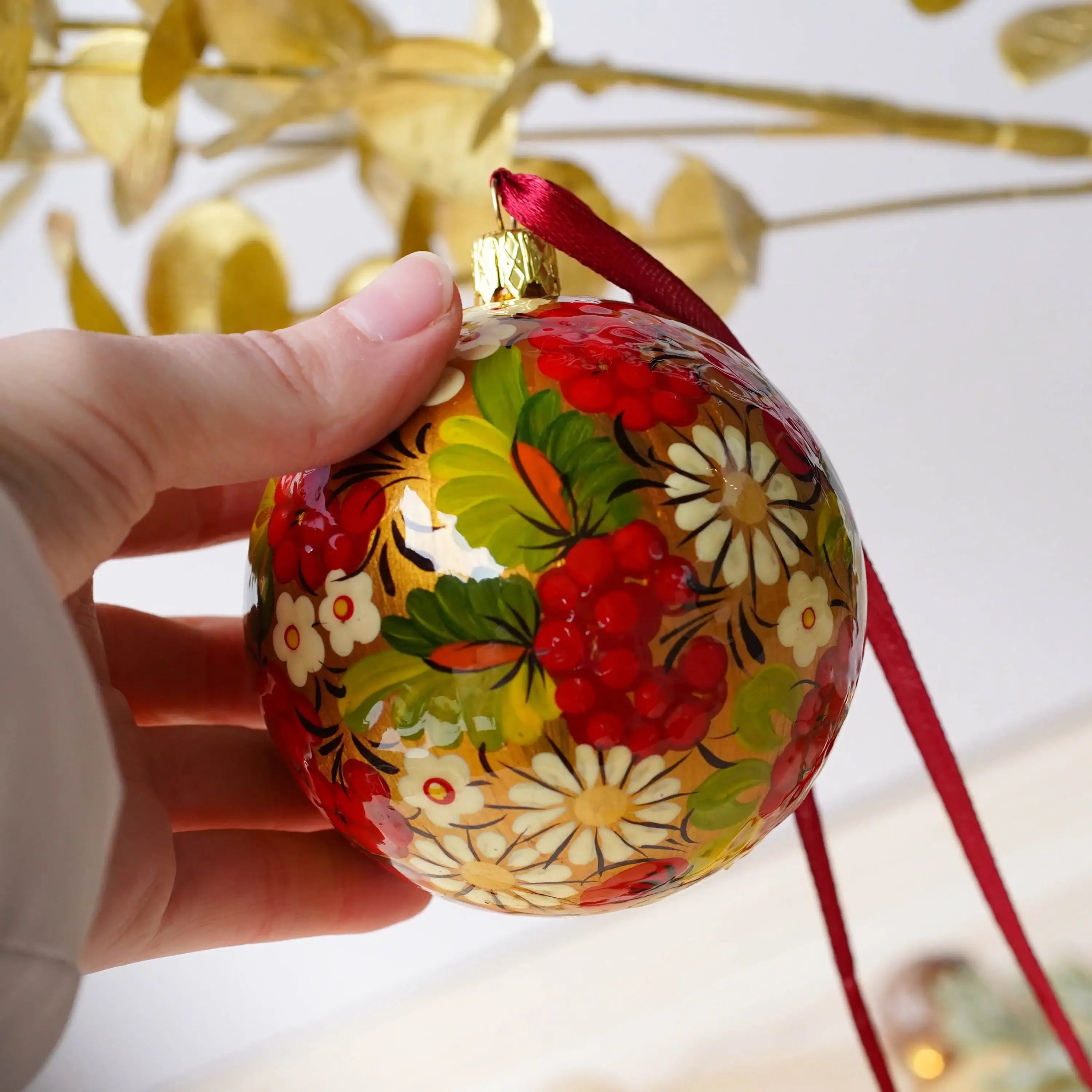 Hand-painted Ukrainian Christmas Ball Ornament 3.14 in - Handmade Petrykivka Art Green & Red Flower Christmas Tree Decoration