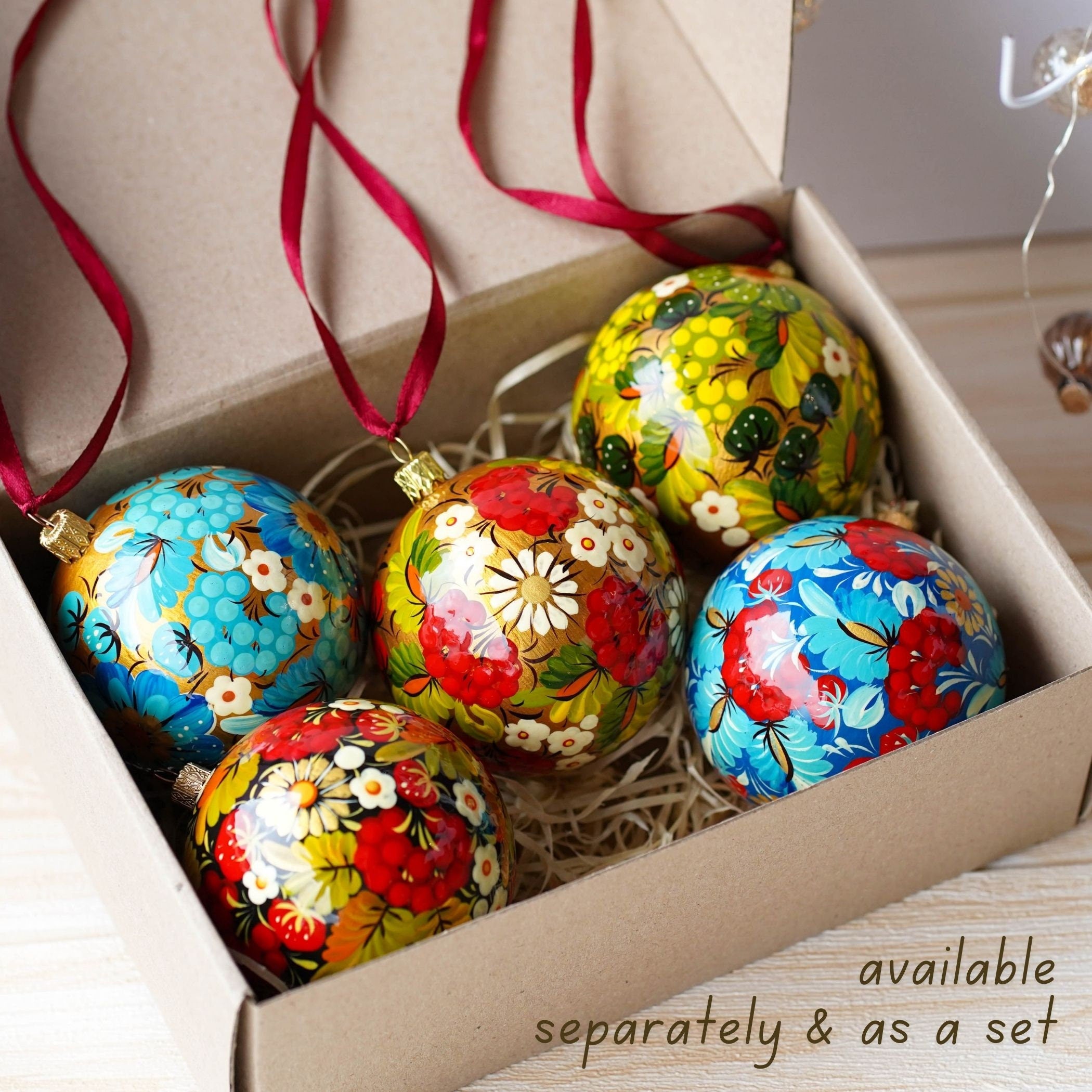 Hand-painted Ukrainian Christmas Ball Ornament 3.14 in - Handmade Petrykivka Art Green & Red Flower Christmas Tree Decoration