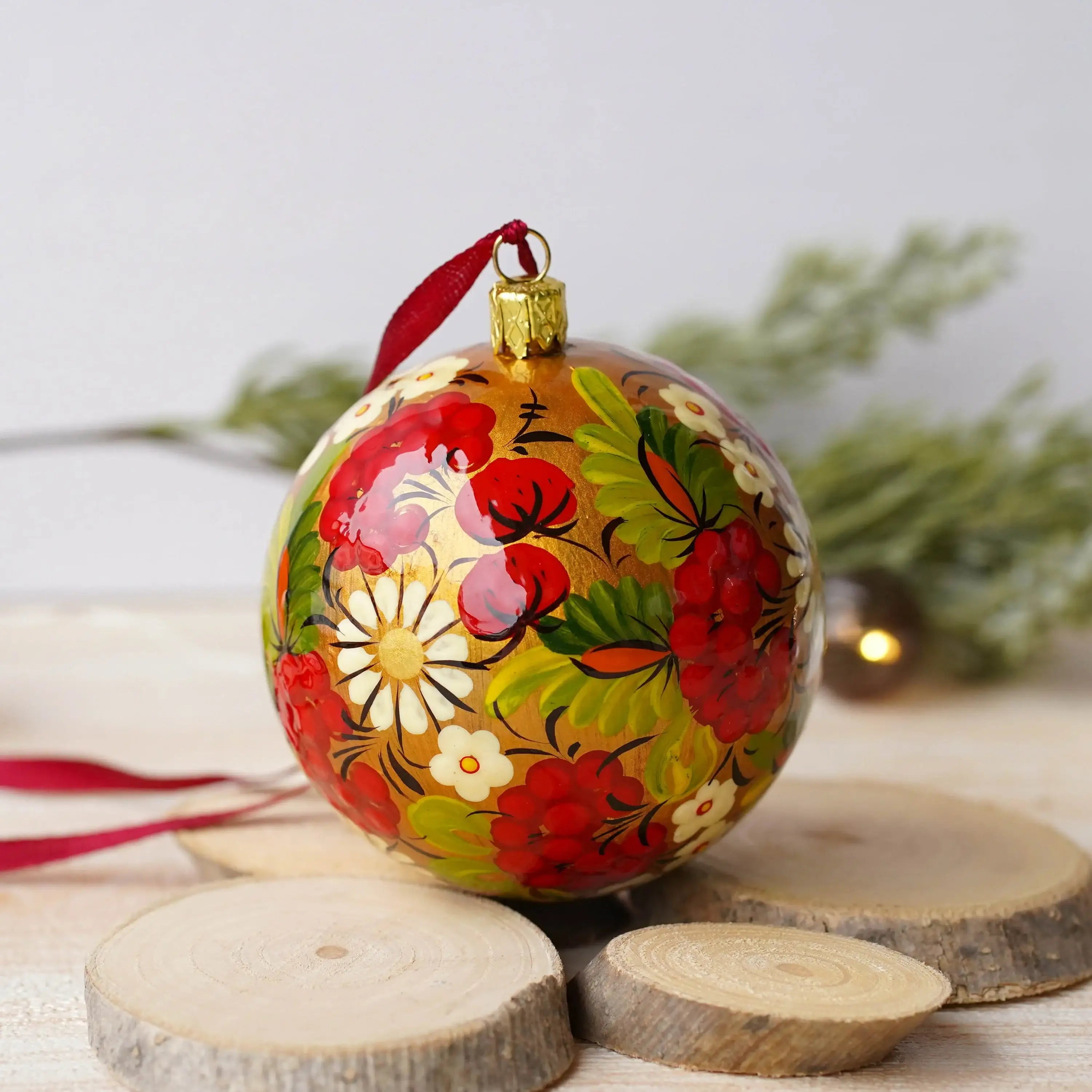 Hand-painted Ukrainian Christmas Ball Ornament 3.14 in - Handmade Petrykivka Art Green & Red Flower Christmas Tree Decoration