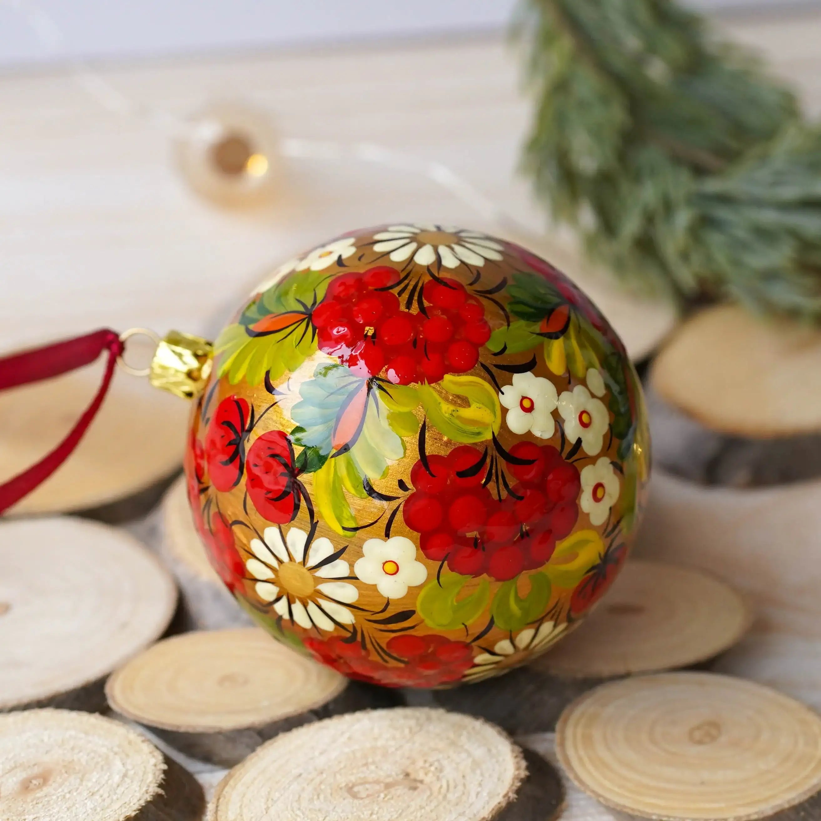 Hand-painted Ukrainian Christmas Ball Ornament 3.14 in - Handmade Petrykivka Art Green & Red Flower Christmas Tree Decoration