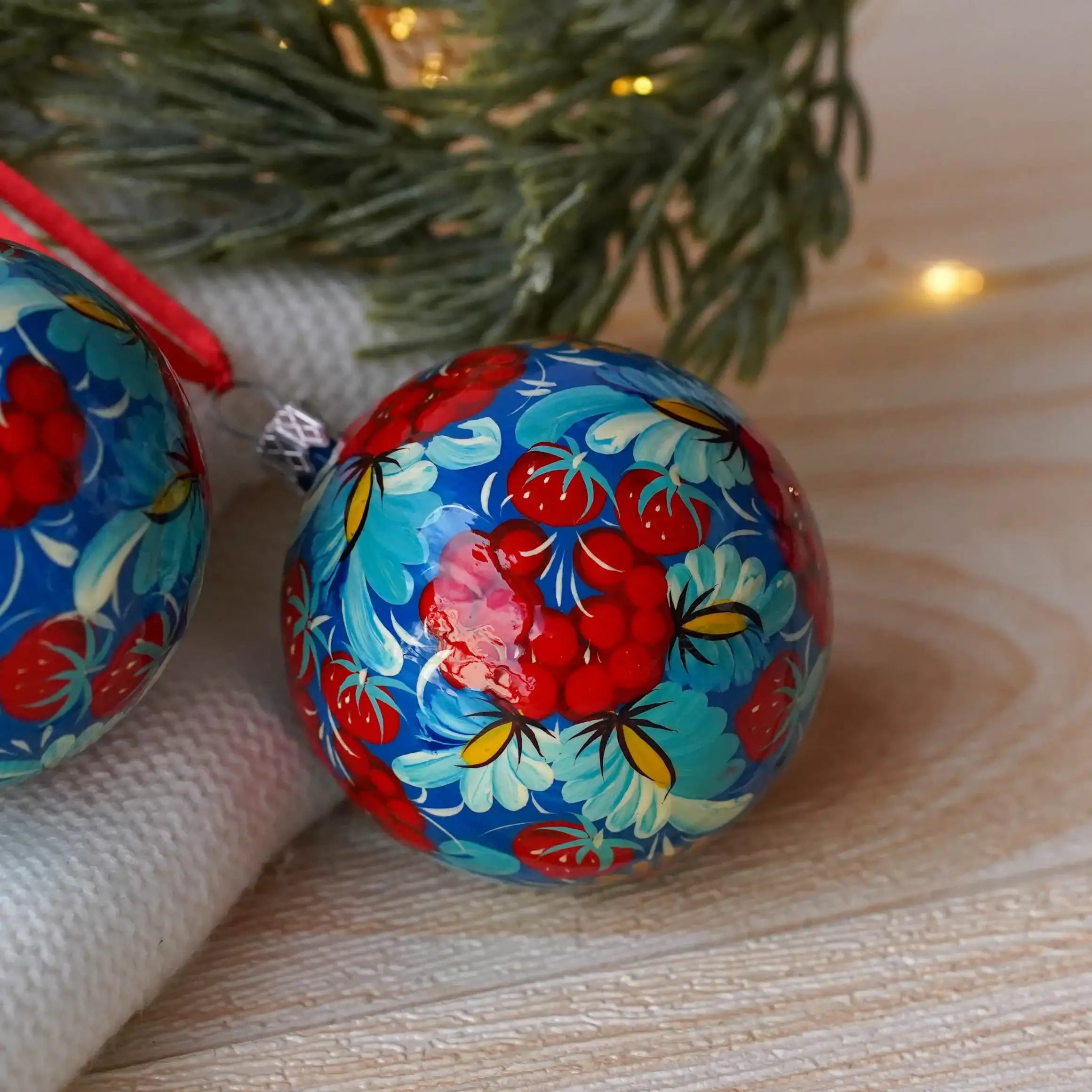 Set of 4/6/9 Hand-painted Christmas Ornaments 2.4 in, Handmade Ukrainian Christmas Tree Balls, Blue & Red Flower Christmas Baubles