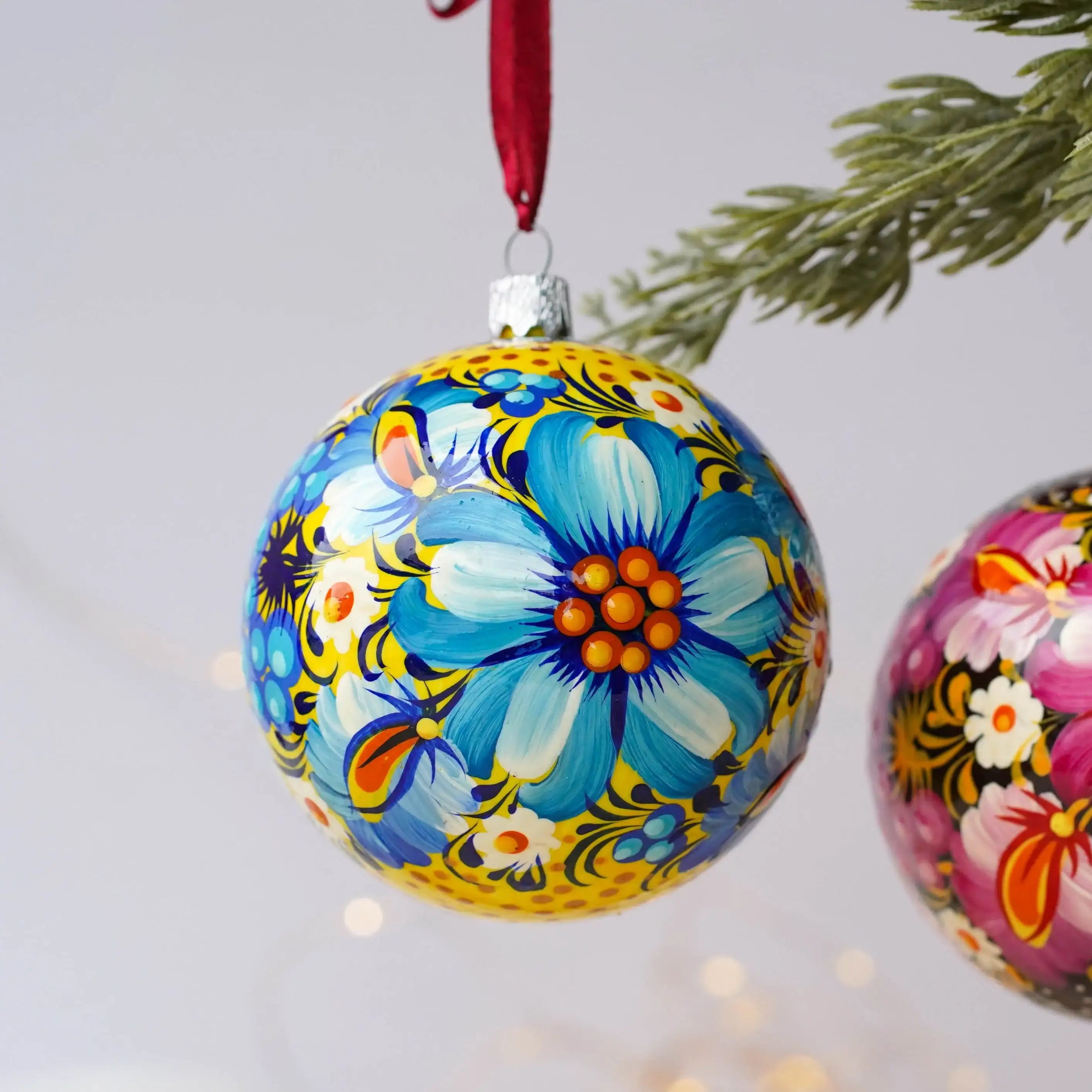 Hand-painted Ukrainian Blue Flower Christmas Ball Ornament 3.14 in - Handmade Petrykivka Art Ukrainian Christmas Tree Decoration
