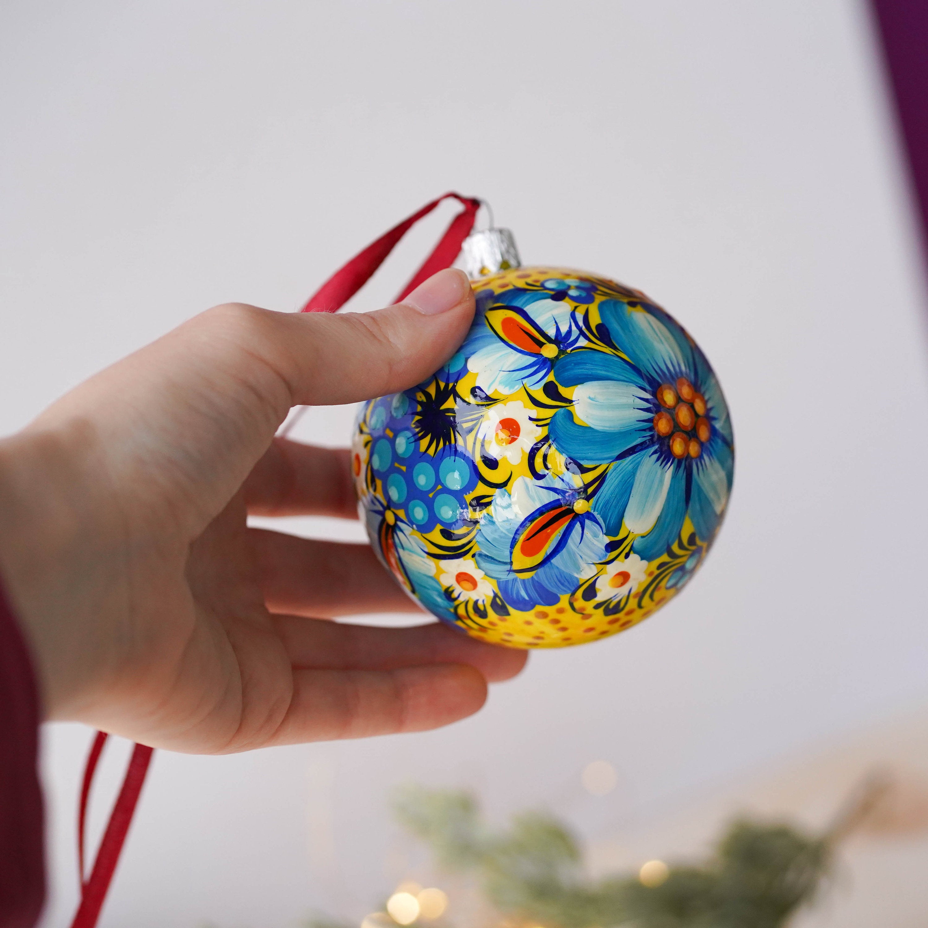 Hand-painted Ukrainian Blue Flower Christmas Ball Ornament 3.14 in - Handmade Petrykivka Art Ukrainian Christmas Tree Decoration