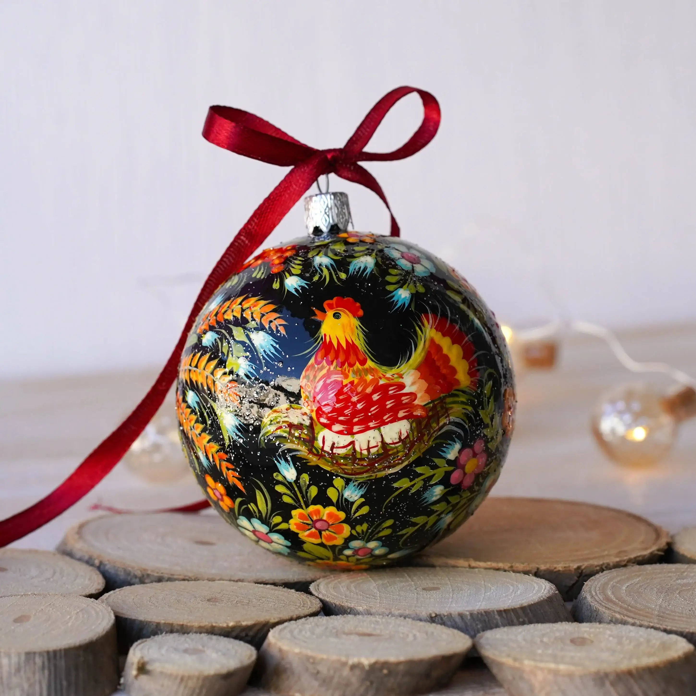 Hand-painted Chicken Ornament - Handmade Ukrainian Christmas Tree Ball Ornament, Farm Animal Petrykivka Art Christmas Baubles