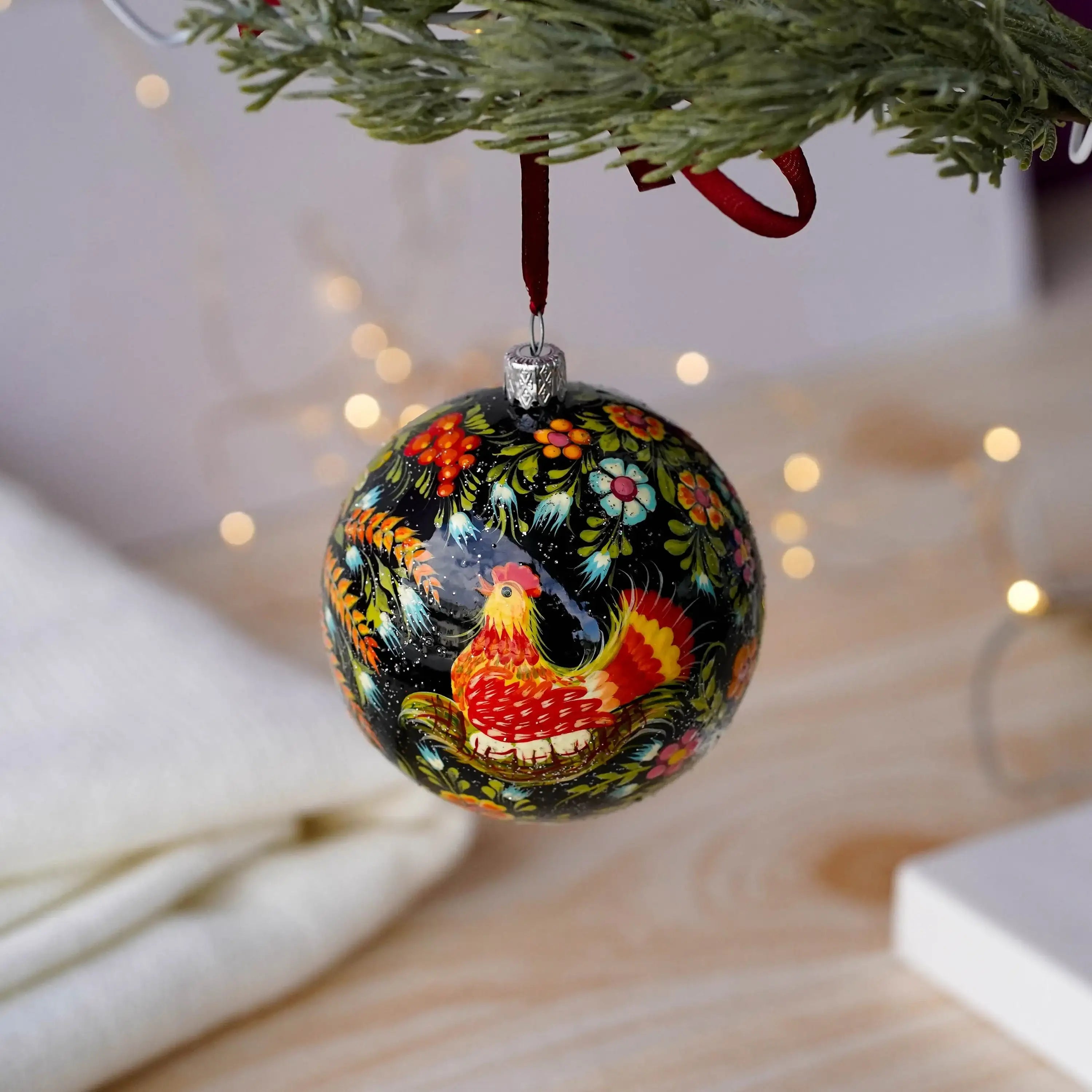 Hand-painted Chicken Ornament - Handmade Ukrainian Christmas Tree Ball Ornament, Farm Animal Petrykivka Art Christmas Baubles