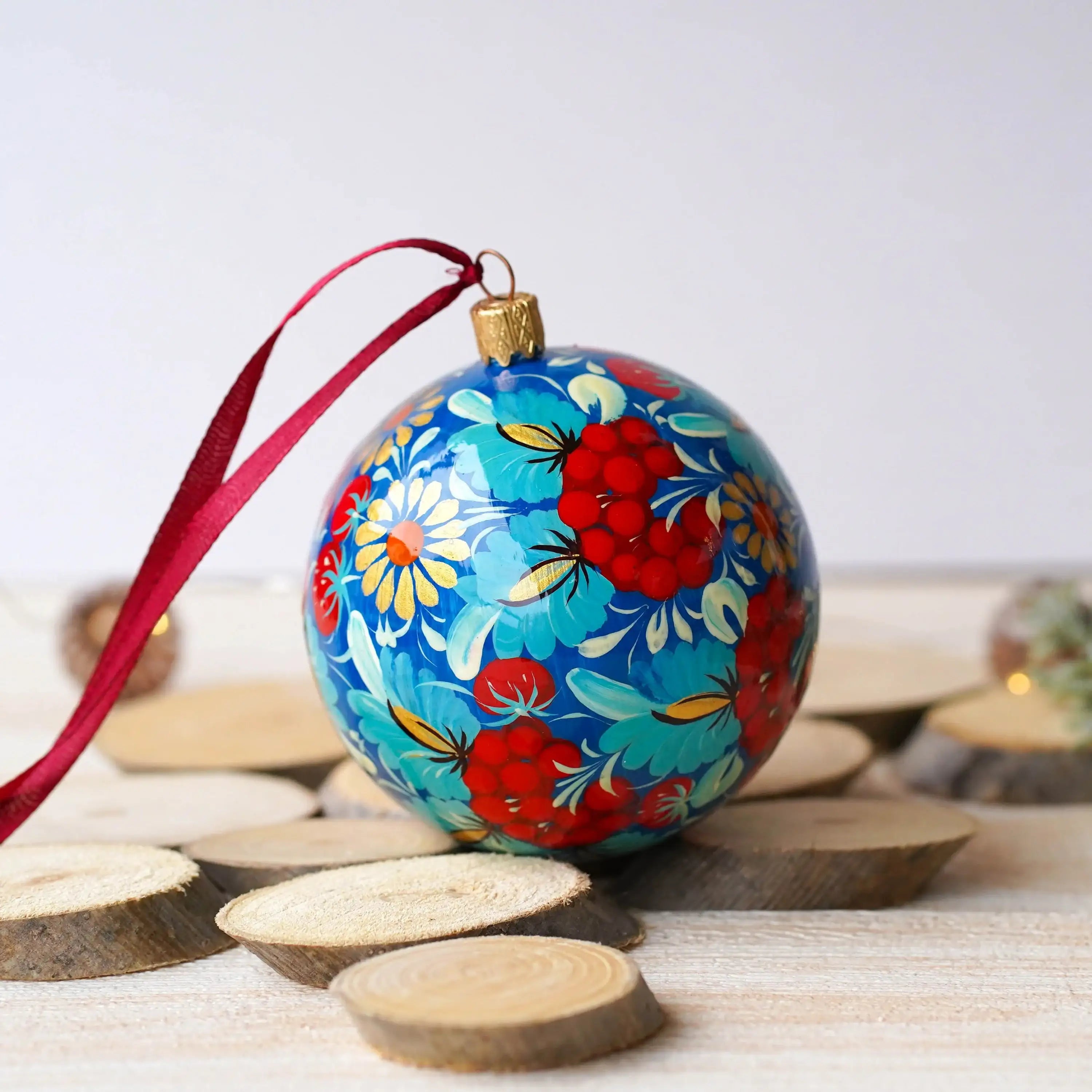 Hand-painted Ukrainian Christmas Ball Ornament 3.14 in - Handmade Petrykivka Blue & Red Flower Hanging Ornament, Christmas Tree Decoration