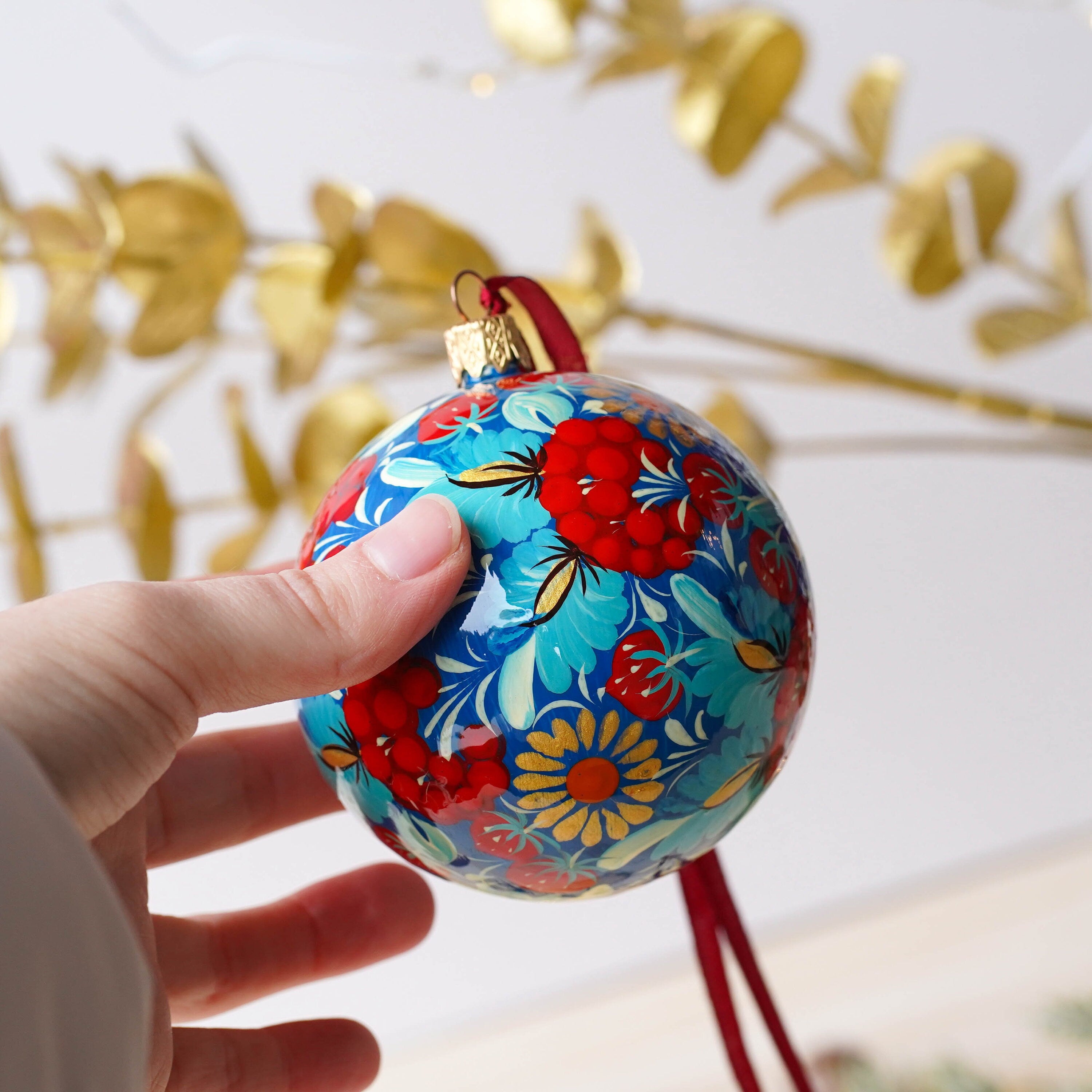 Hand-painted Ukrainian Christmas Ball Ornament 3.14 in - Handmade Petrykivka Blue & Red Flower Hanging Ornament, Christmas Tree Decoration
