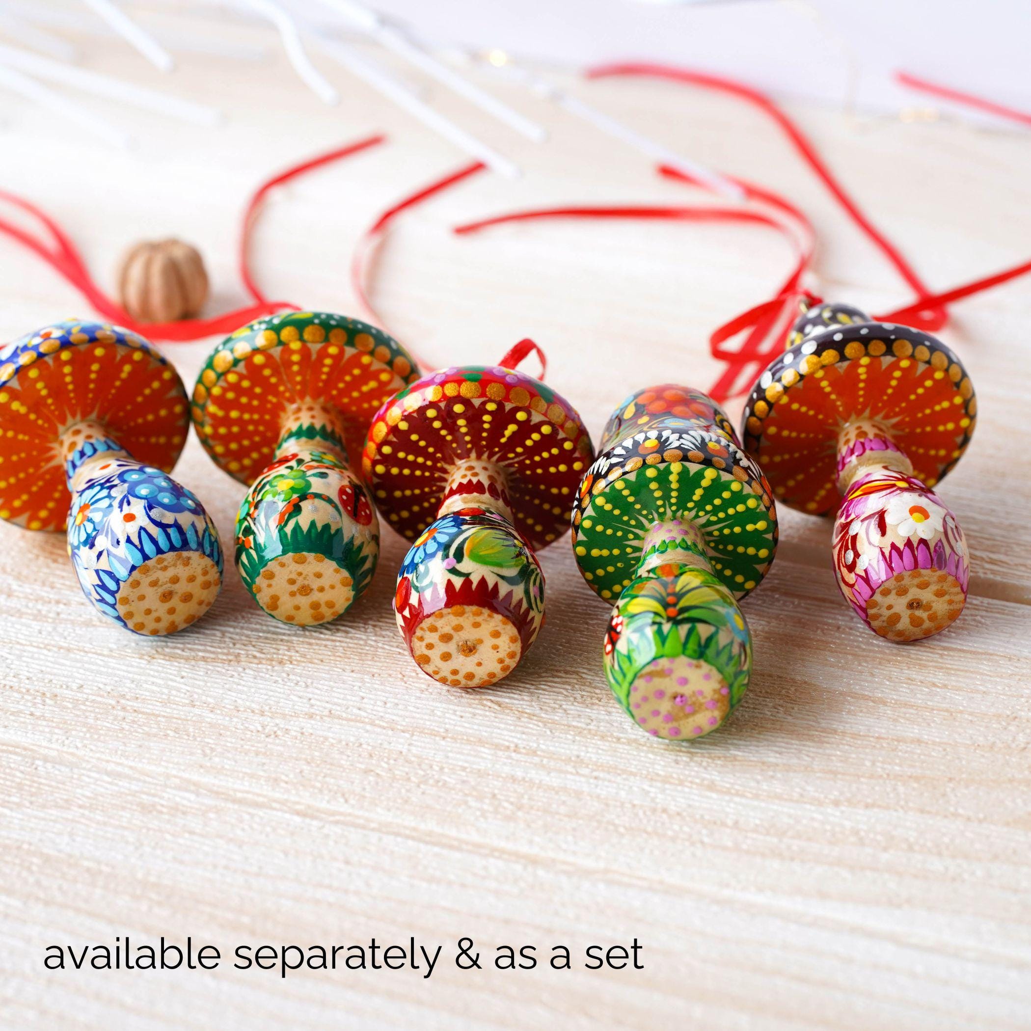 Hand-painted Wooden Blue Mushroom Ornament - Handmade Ukrainian Petrykivka Christmas Tree Hanging Ornament