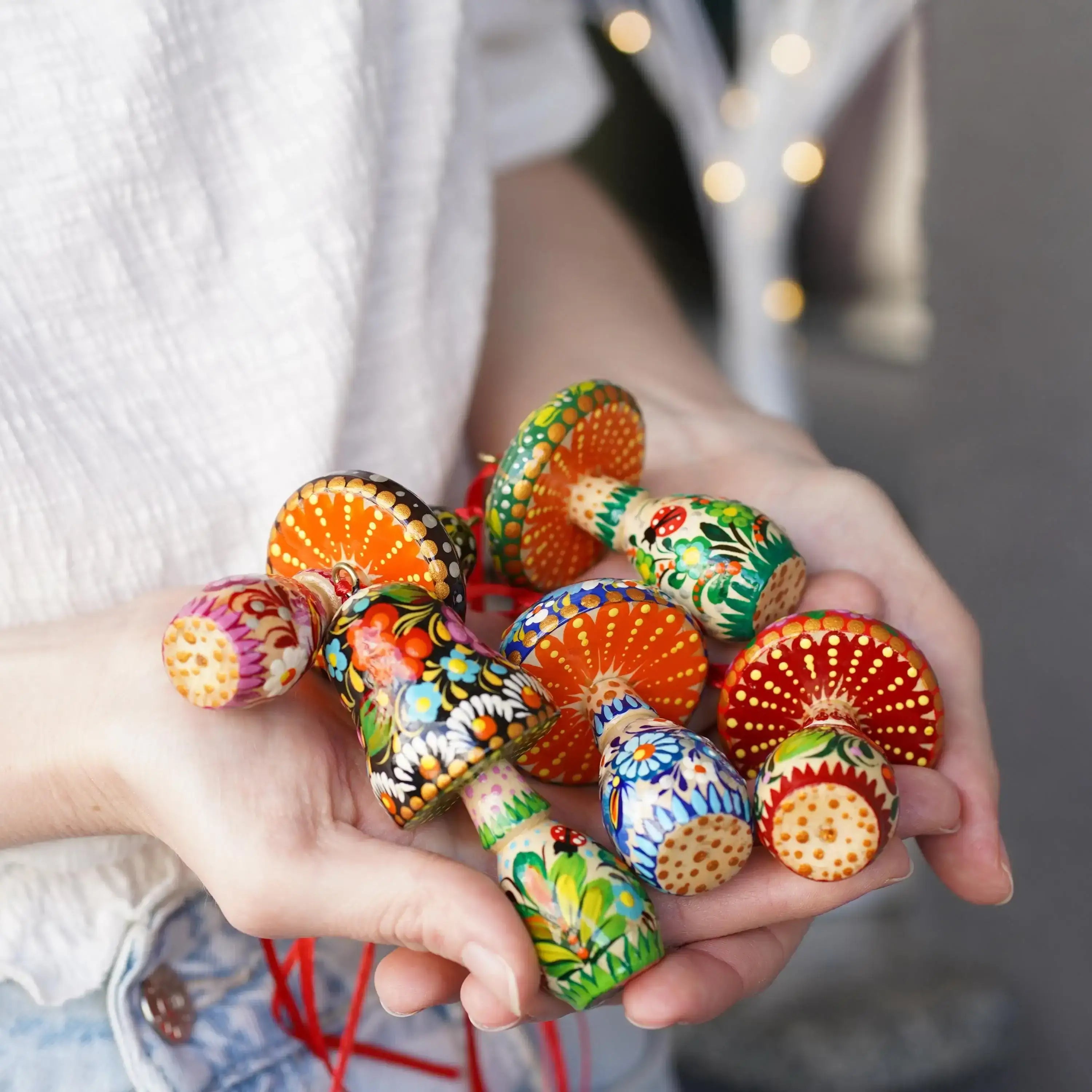 Painted Wooden Green Mushroom Ornament - Handmade Ukrainian Petrykivka Christmas Tree Hanging Ornament