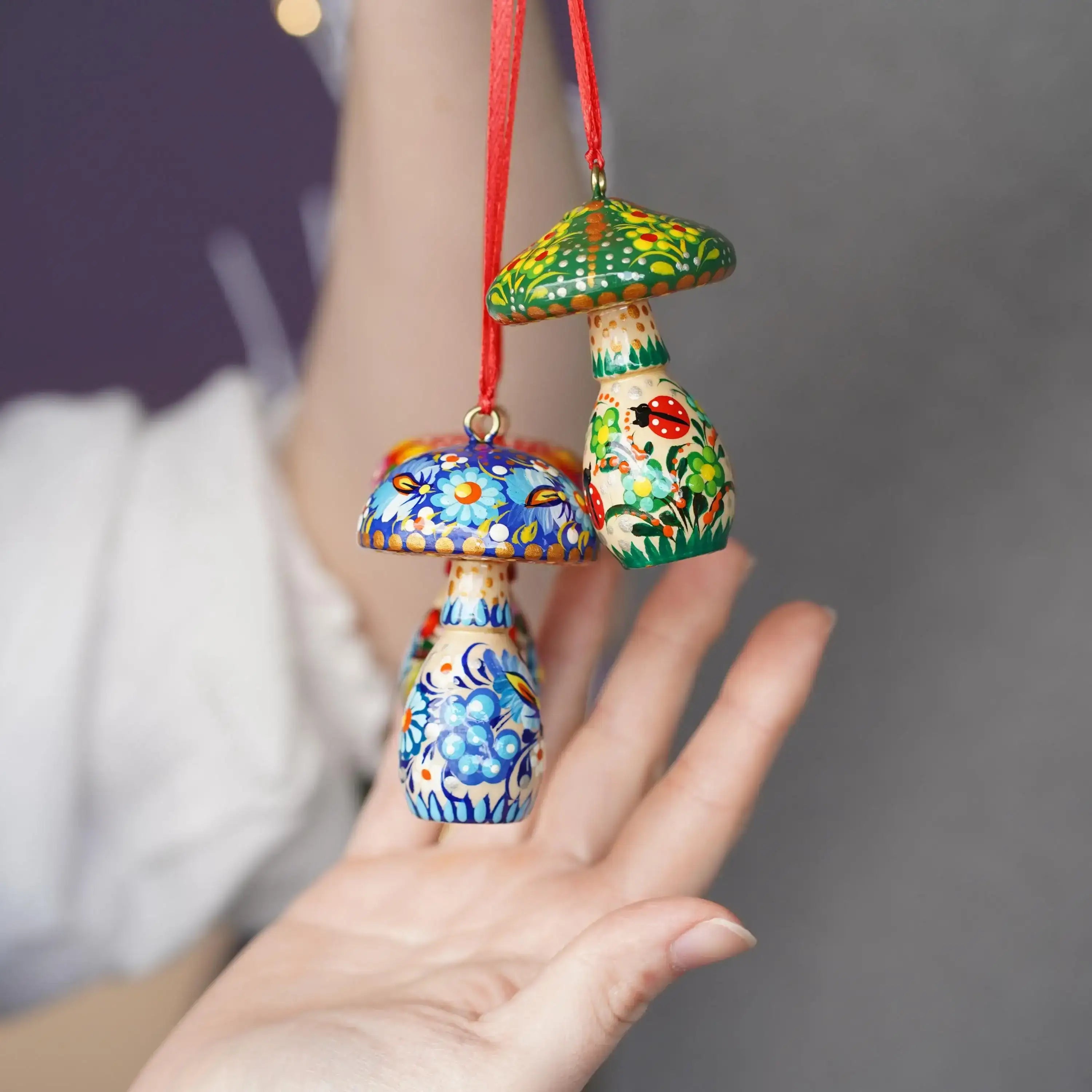 Painted Wooden Green Mushroom Ornament - Handmade Ukrainian Petrykivka Christmas Tree Hanging Ornament