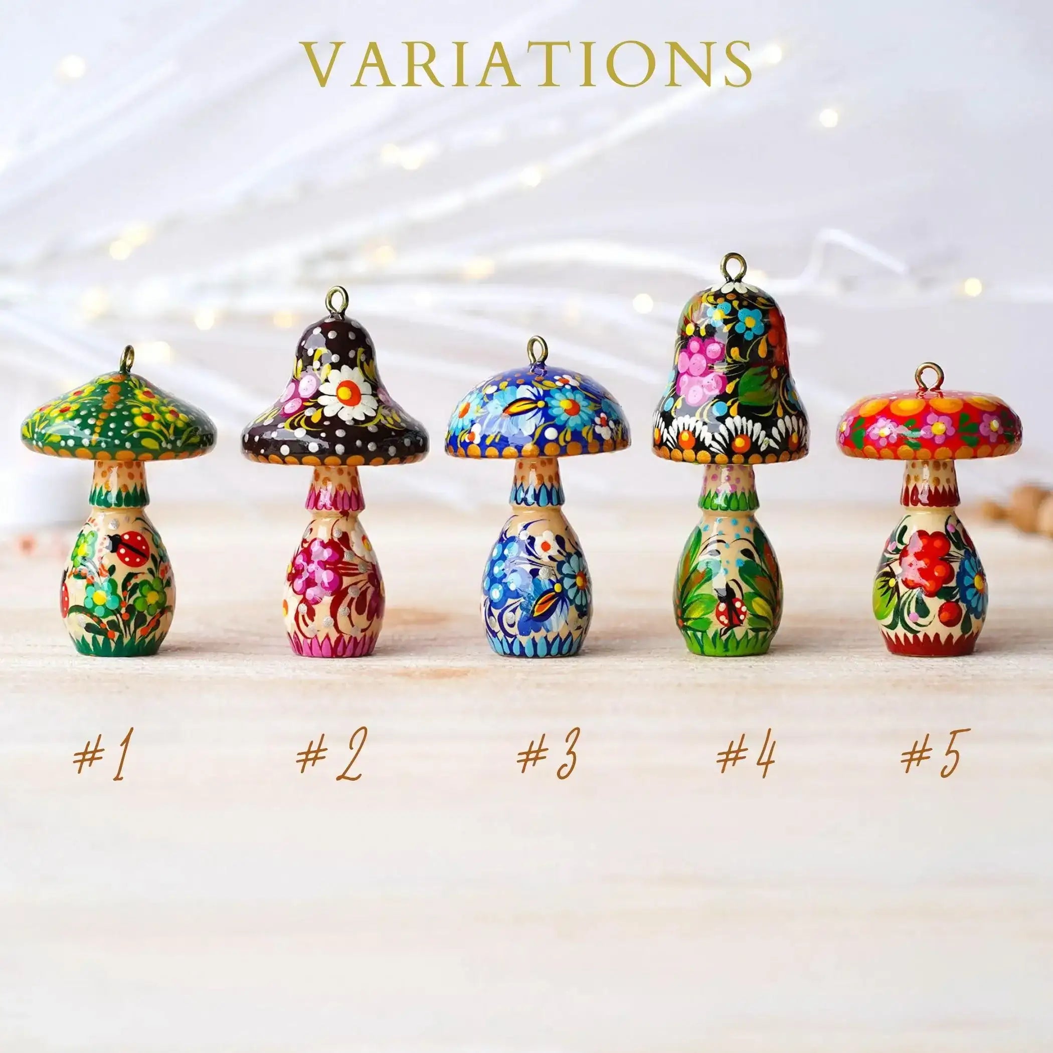 Handpainted Wooden Green Mushroom Ornament - Handmade Ukrainian Petrykivka Christmas Tree Hanging Ornament, Green Flower Mushroom Decoration