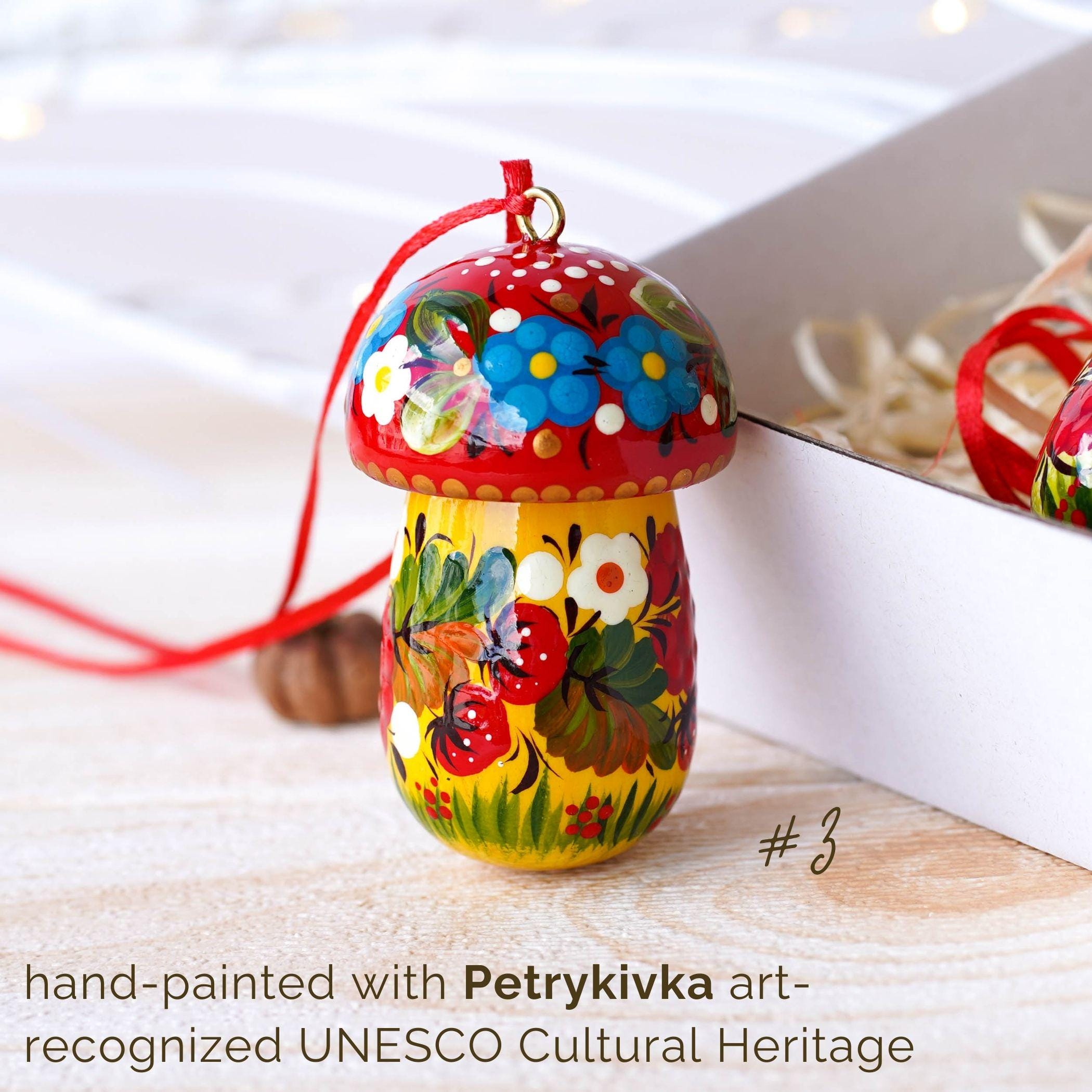 Fillable Painted Mushroom Ornament - Handmade Ukrainian Keepsake Ornament with Openable Lid & Space for Gift, Red Flower Petrykivka Ornament