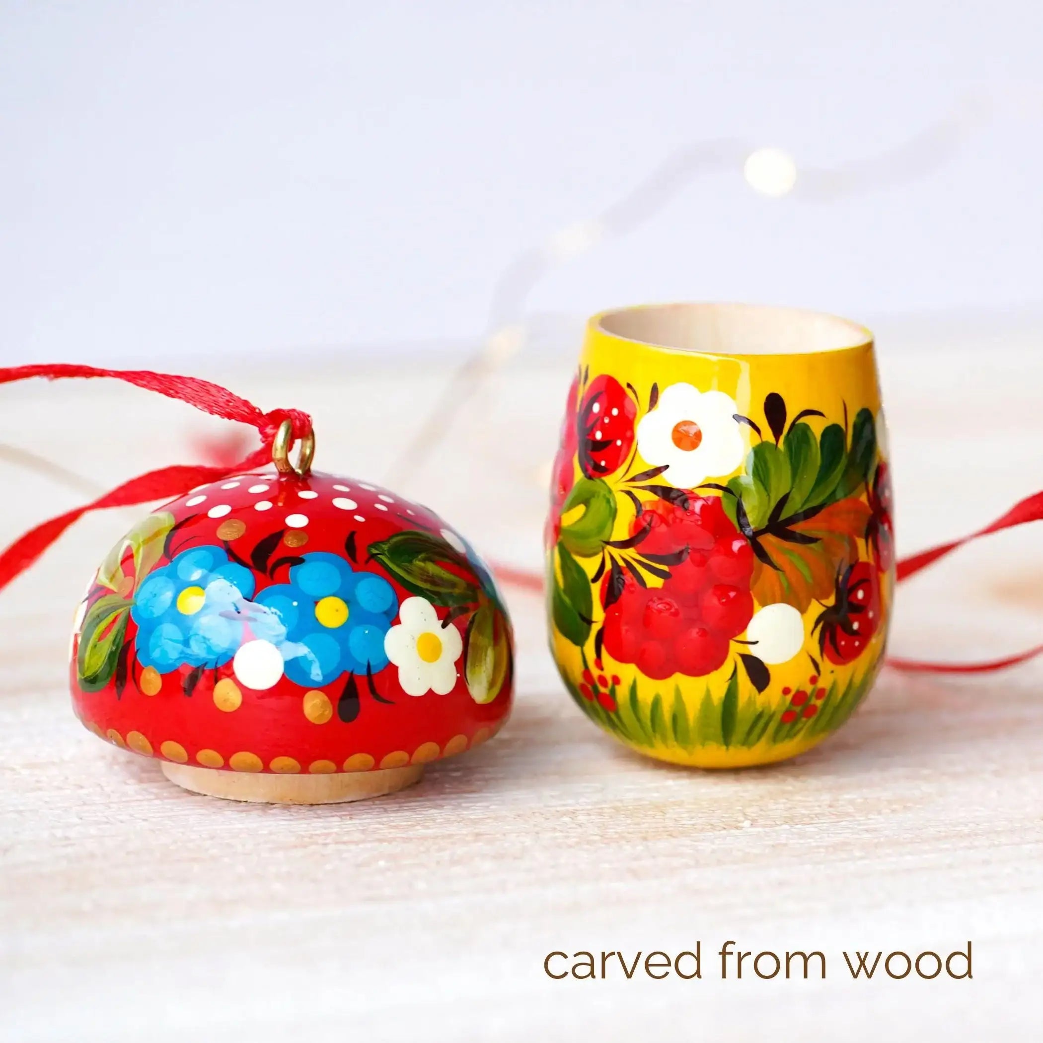 Fillable Painted Mushroom Ornament - Handmade Ukrainian Keepsake Ornament with Openable Lid & Space for Gift, Red Flower Petrykivka Ornament