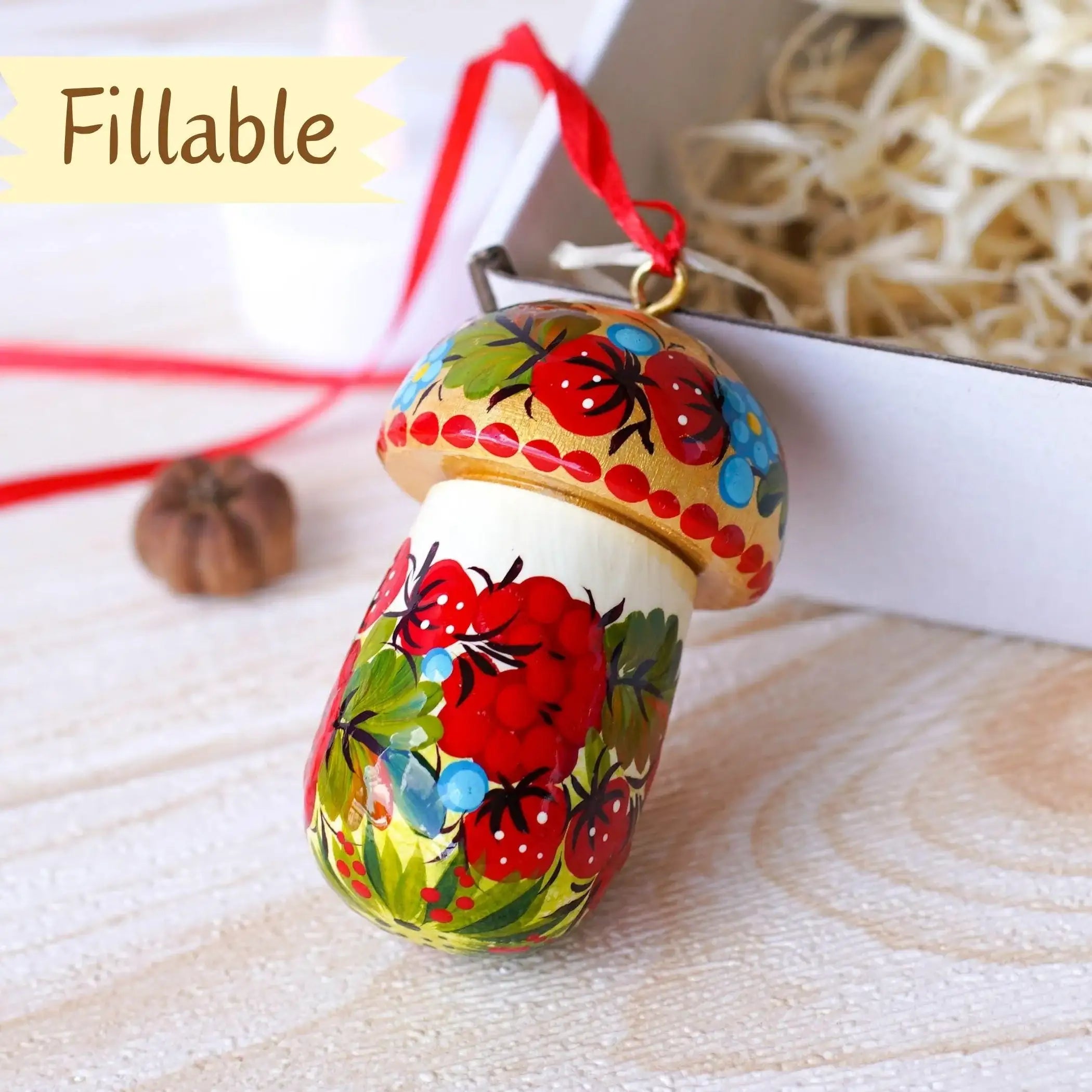 Fillable Painted Mushroom Ornament - Handmade Ukrainian Strawberry Ornament with Openable Lid & Space for Gift, Flower Petrykivka Ornament
