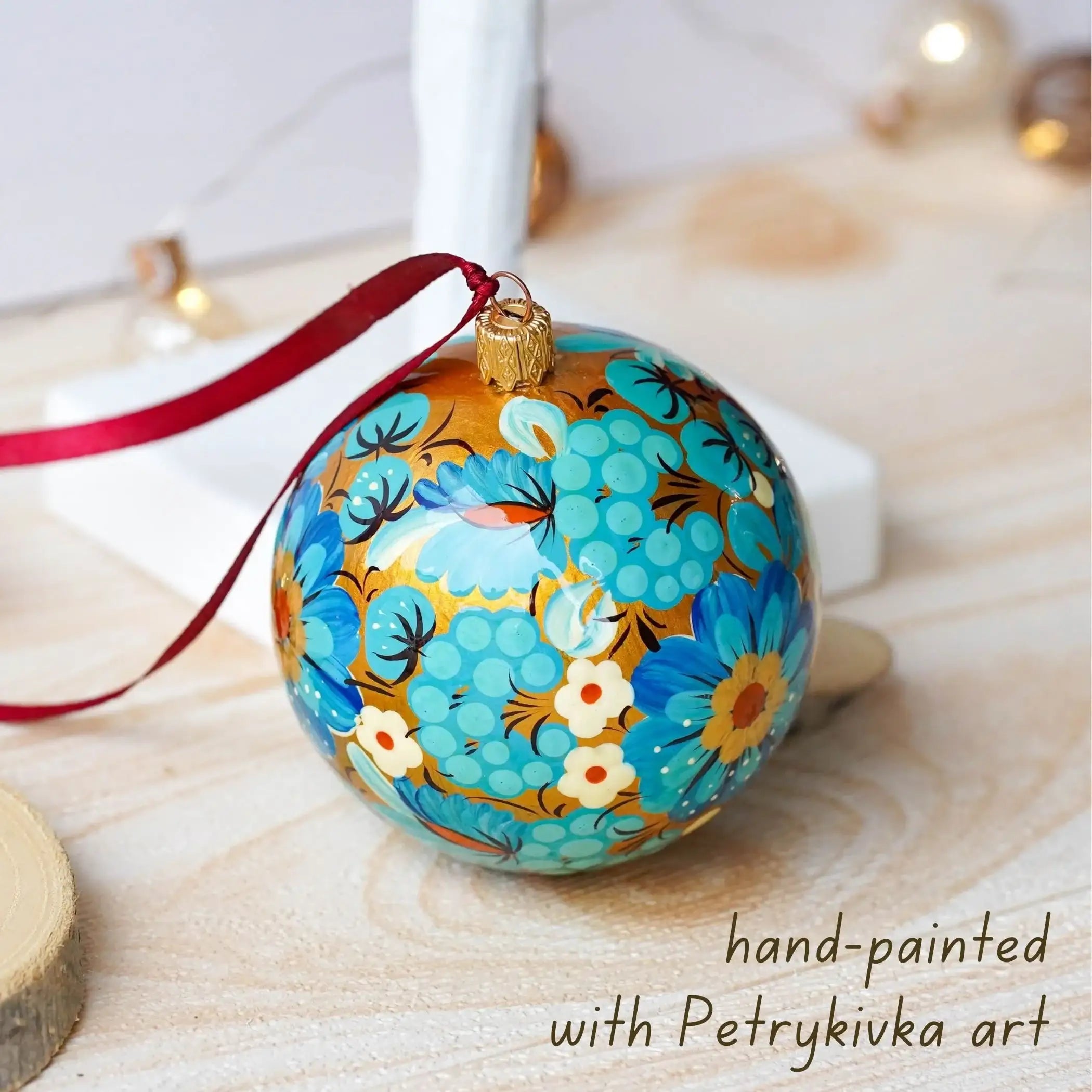 Hand-painted Ukrainian Christmas Ball Ornament 3.14 in - Handmade Petrykivka Art Blue Flower Christmas Tree Decoration