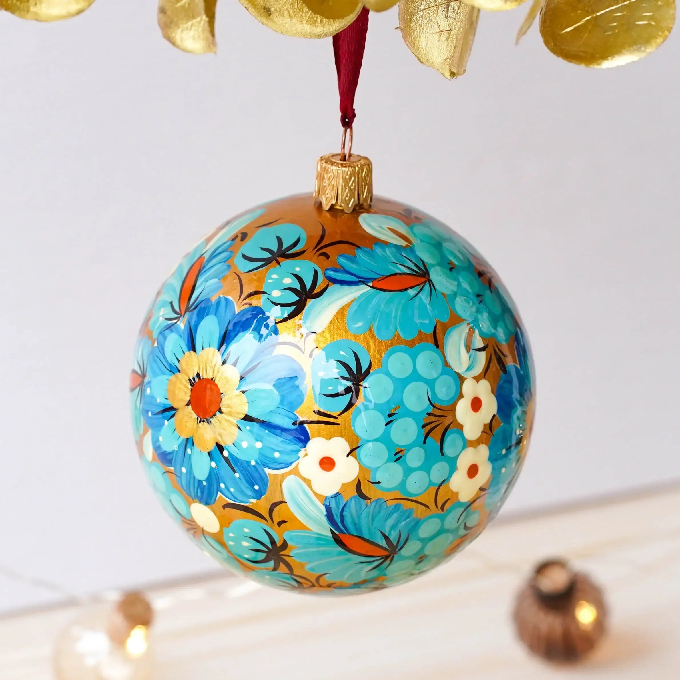 Hand-painted Ukrainian Christmas Ball Ornament 3.14 in - Handmade Petrykivka Art Blue Flower Christmas Tree Decoration
