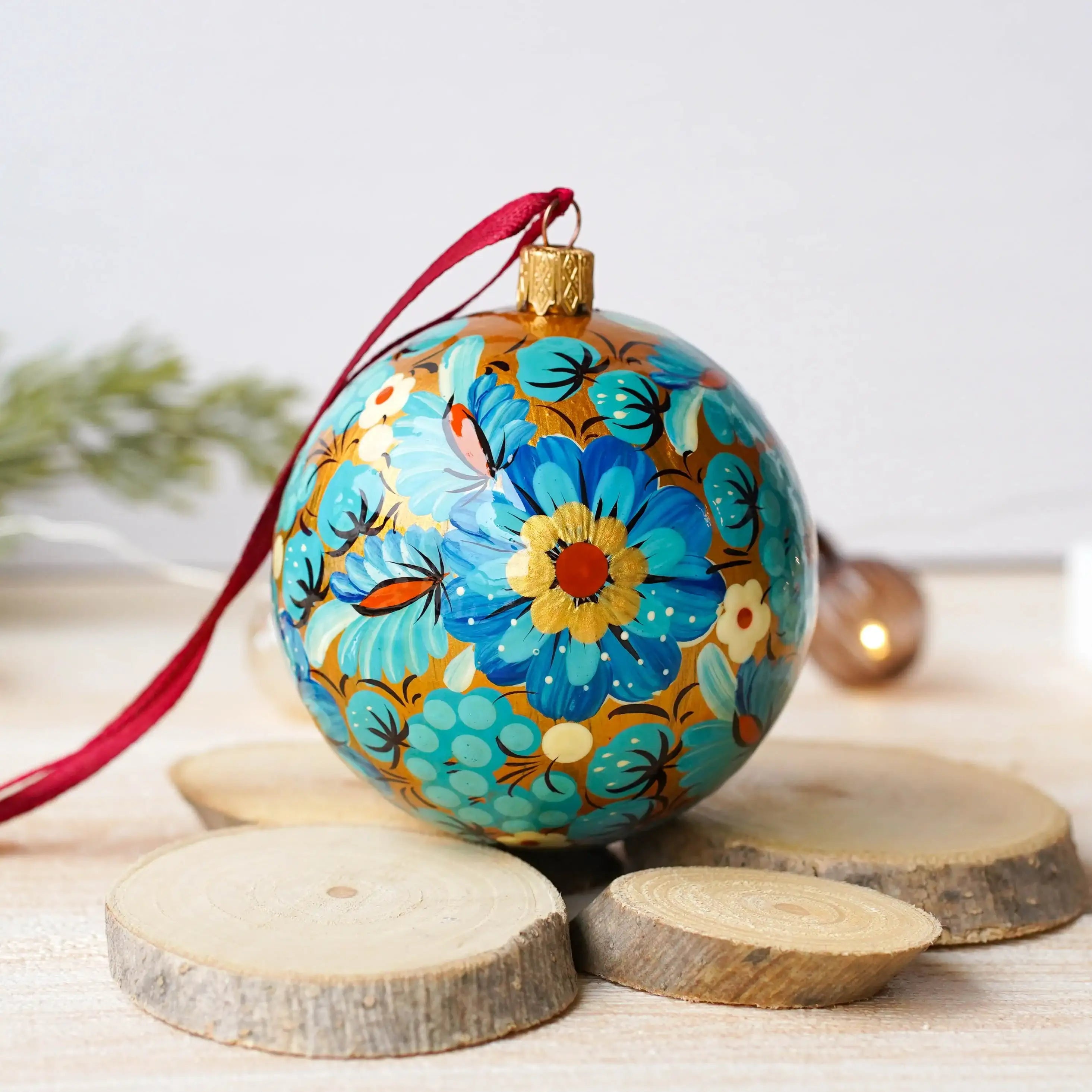 Hand-painted Ukrainian Christmas Ball Ornament 3.14 in - Handmade Petrykivka Art Blue Flower Christmas Tree Decoration