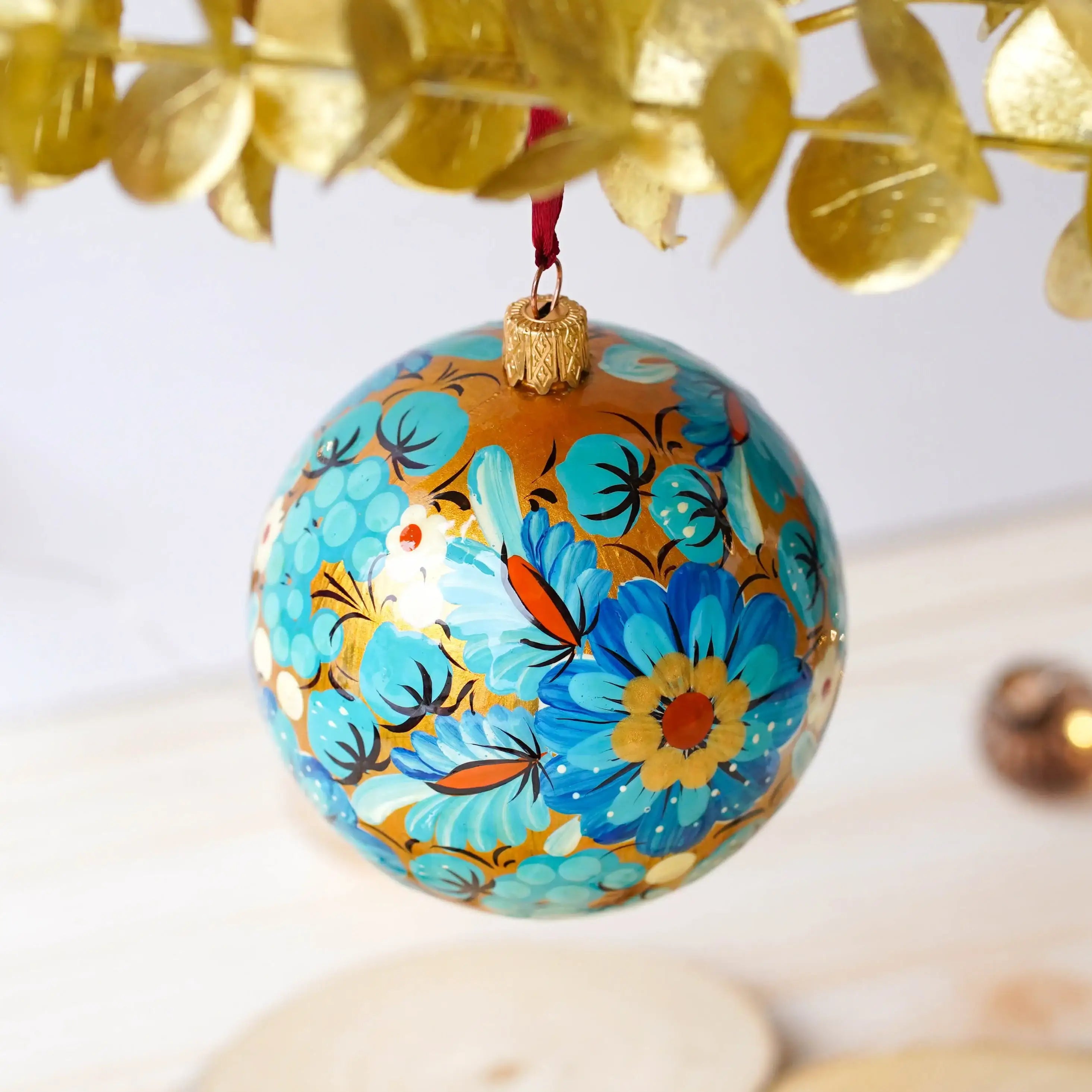 Hand-painted Ukrainian Christmas Ball Ornament 3.14 in - Handmade Petrykivka Art Blue Flower Christmas Tree Decoration