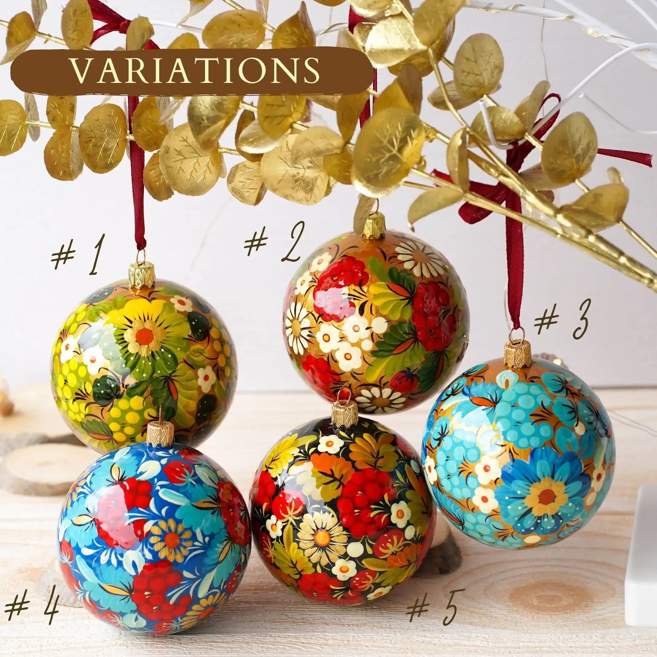 Hand-painted Ukrainian Christmas Ball Ornament 3.14 in - Handmade Petrykivka Art Green & Golden Flower Christmas Tree Decoration
